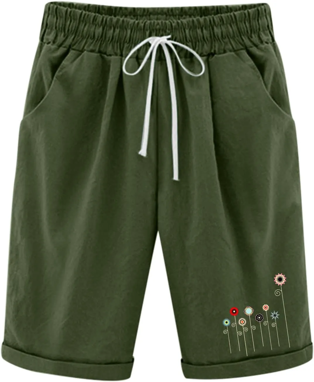 Bermuda Shorts for Women Knee Length Cotton Linen Elastic Waist Drawstring Shorts Summer Capris Pants with Pockets