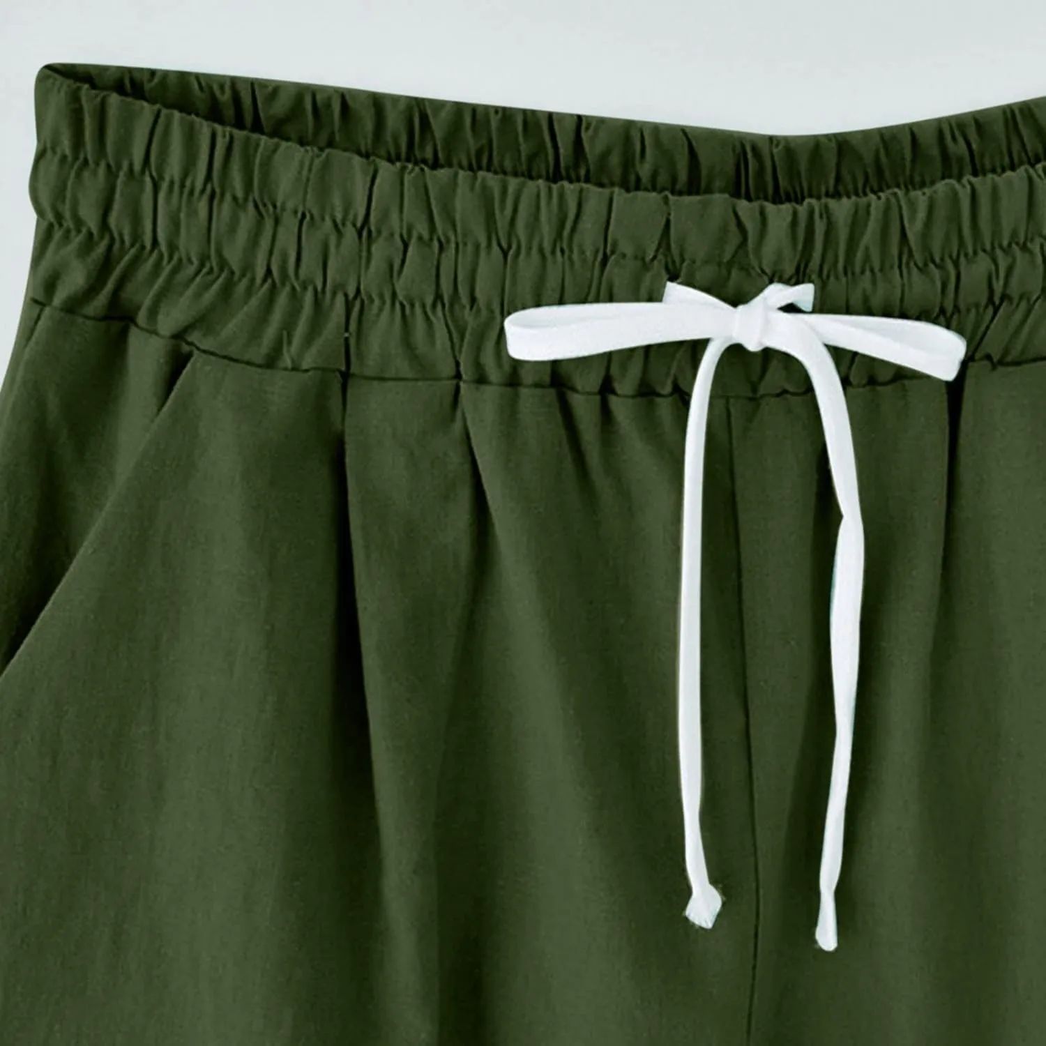 Bermuda Shorts for Women Knee Length Cotton Linen Elastic Waist Drawstring Shorts Summer Capris Pants with Pockets