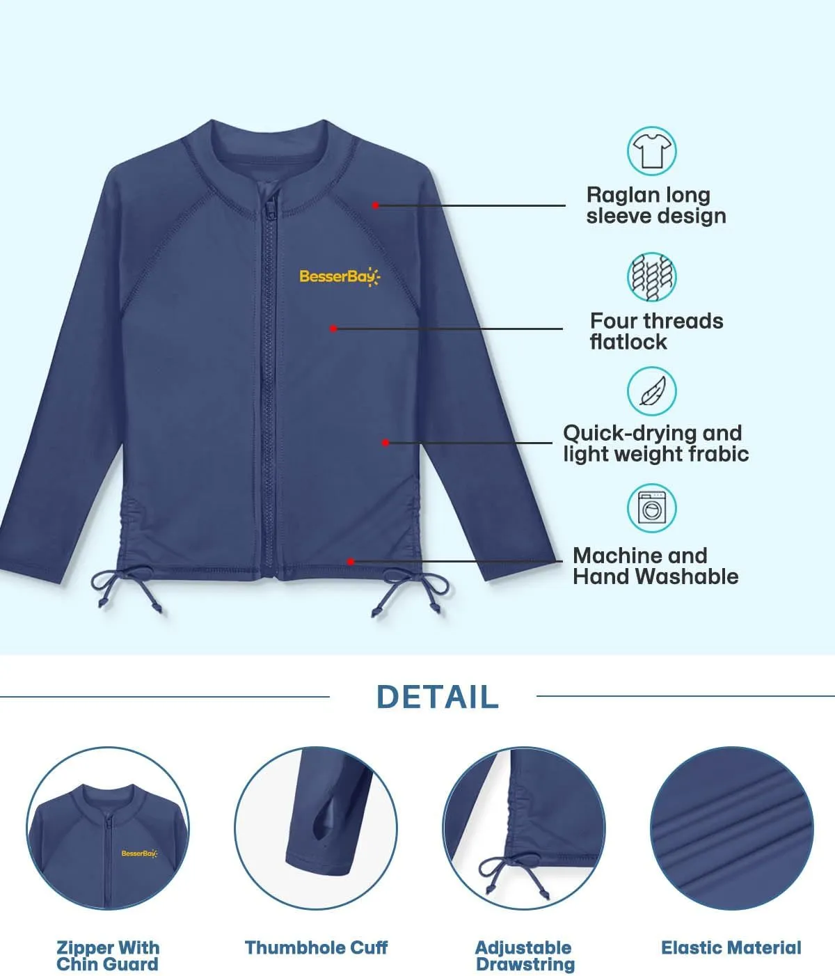 BesserBay Girls UPF 50  Zip Up Long Sleeve Ruched Side Adjustable Drawstring Thumb Holes Swim Shirt 4-14 Years