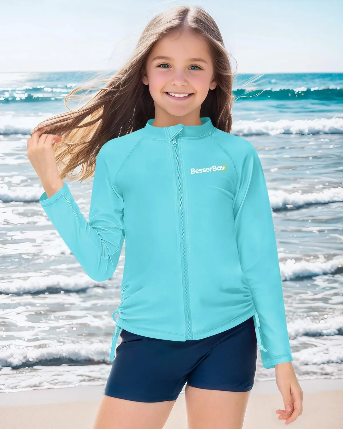 BesserBay Girls UPF 50  Zip Up Long Sleeve Ruched Side Adjustable Drawstring Thumb Holes Swim Shirt 4-14 Years