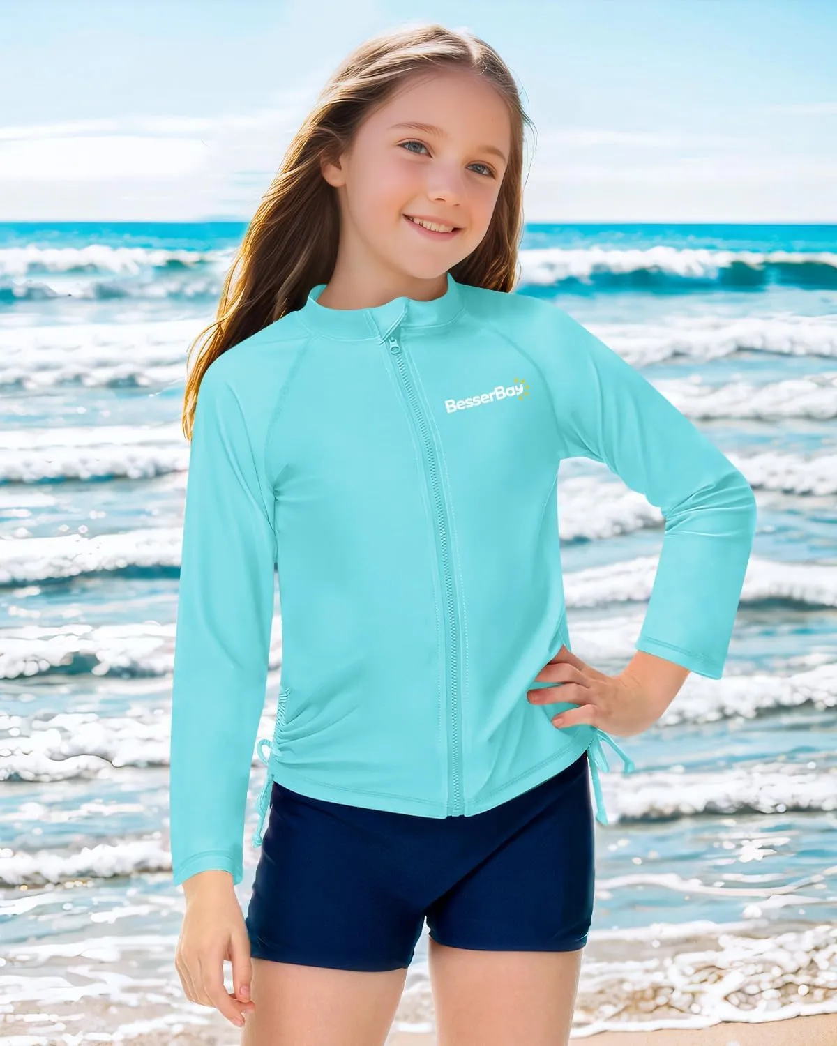 BesserBay Girls UPF 50  Zip Up Long Sleeve Ruched Side Adjustable Drawstring Thumb Holes Swim Shirt 4-14 Years