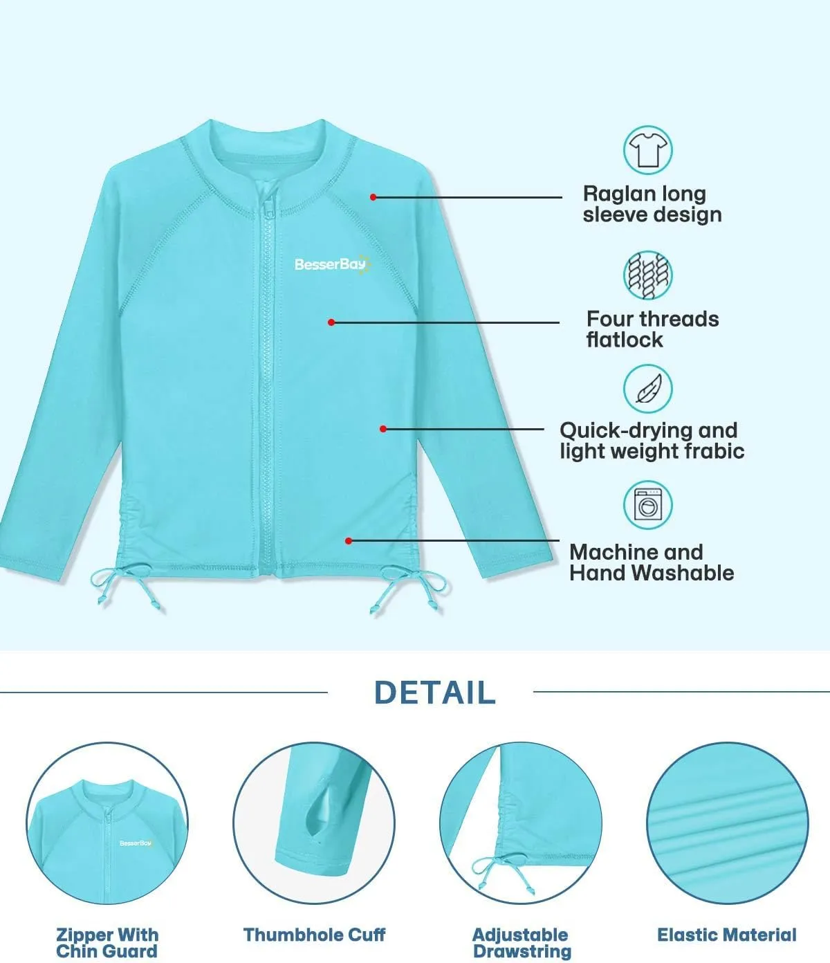 BesserBay Girls UPF 50  Zip Up Long Sleeve Ruched Side Adjustable Drawstring Thumb Holes Swim Shirt 4-14 Years