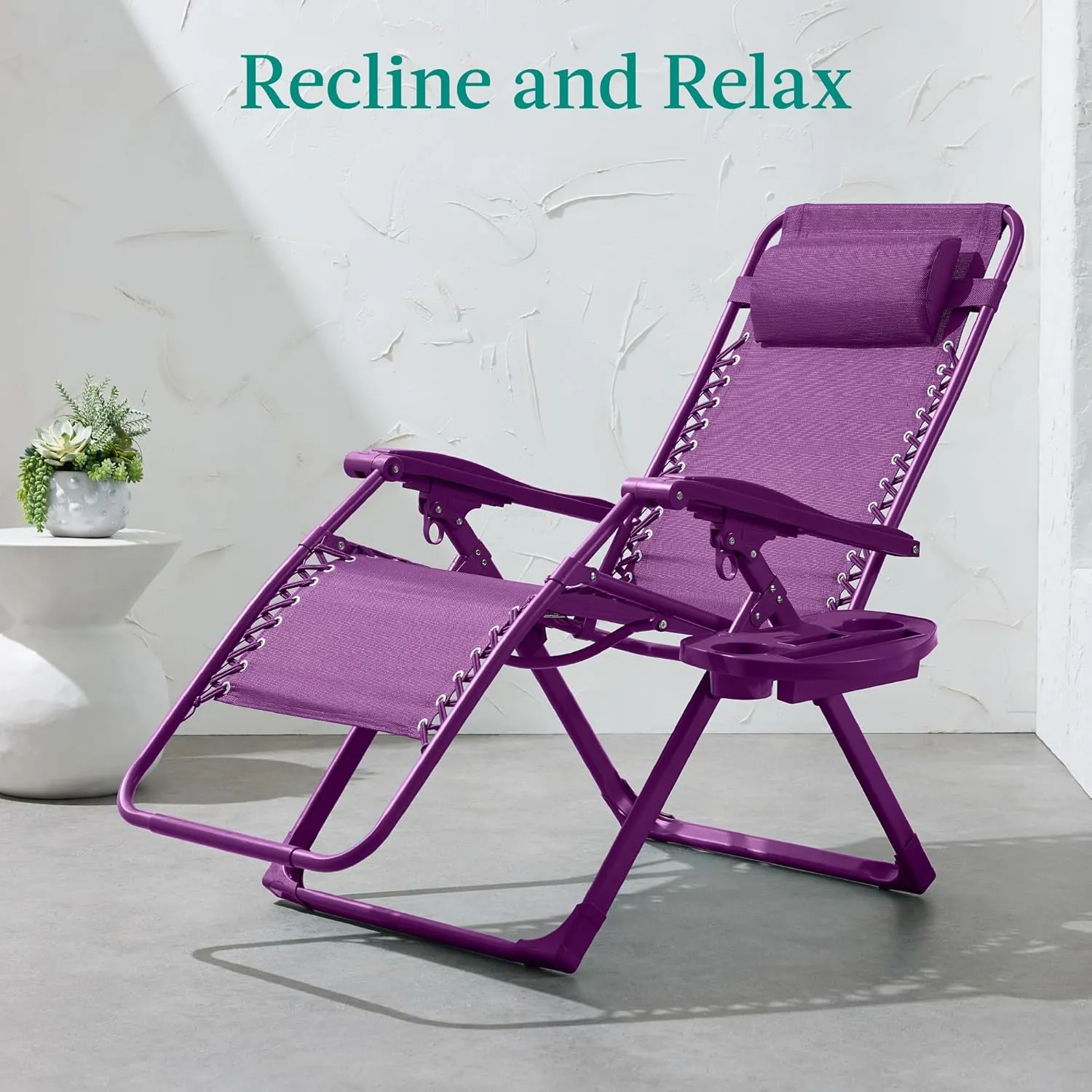 Best Choice Products Adjustable Zero Gravity Chair, Monochromatic Color Folding Patio Recliner w/Side Tray, Headrest - Amethyst