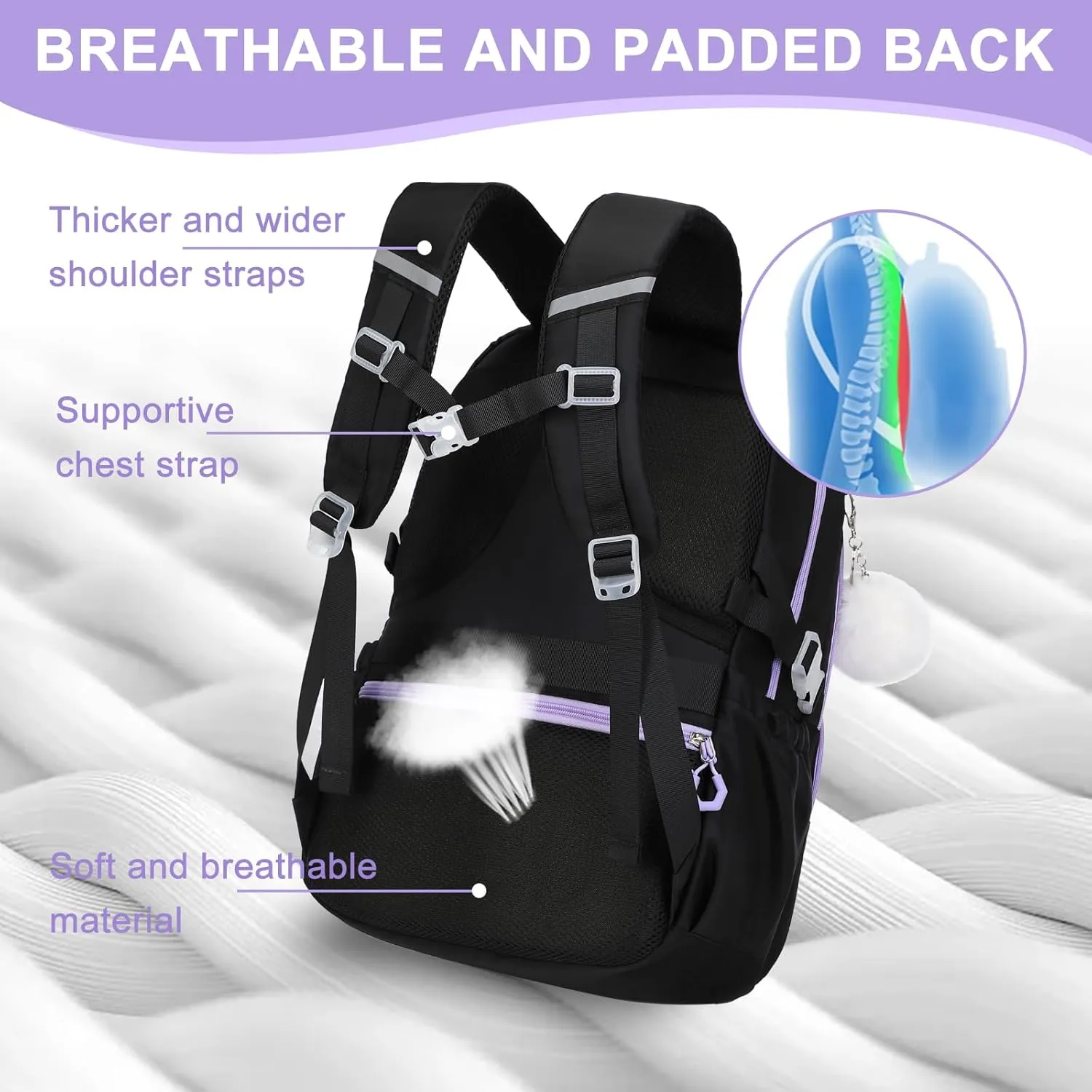 Bevalsa Backpack for Gilrs, School Bags for Kids with Lunch Bag & Pen Case, Bookbag for Girls Children Teens for Elementary Middle High school College Student with Cute Pins (Black Purple)