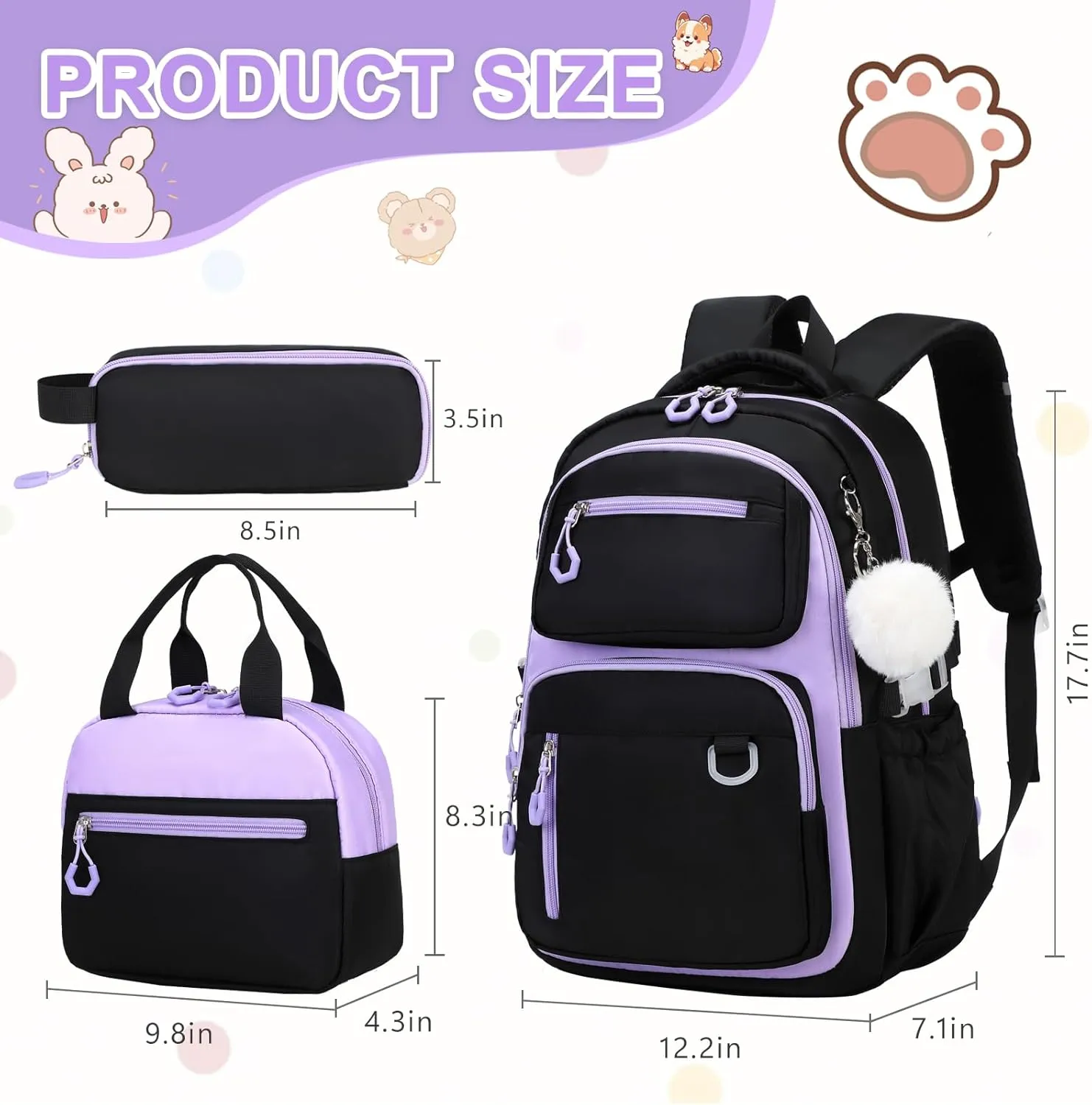 Bevalsa Backpack for Gilrs, School Bags for Kids with Lunch Bag & Pen Case, Bookbag for Girls Children Teens for Elementary Middle High school College Student with Cute Pins (Black Purple)