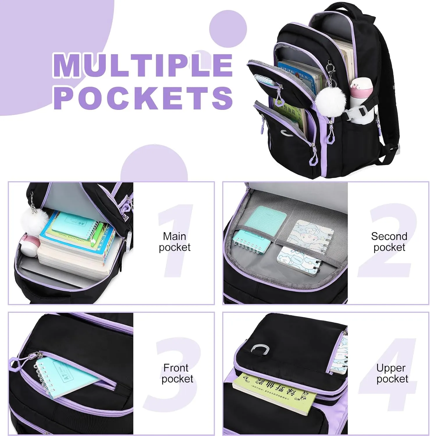 Bevalsa Backpack for Gilrs, School Bags for Kids with Lunch Bag & Pen Case, Bookbag for Girls Children Teens for Elementary Middle High school College Student with Cute Pins (Black Purple)