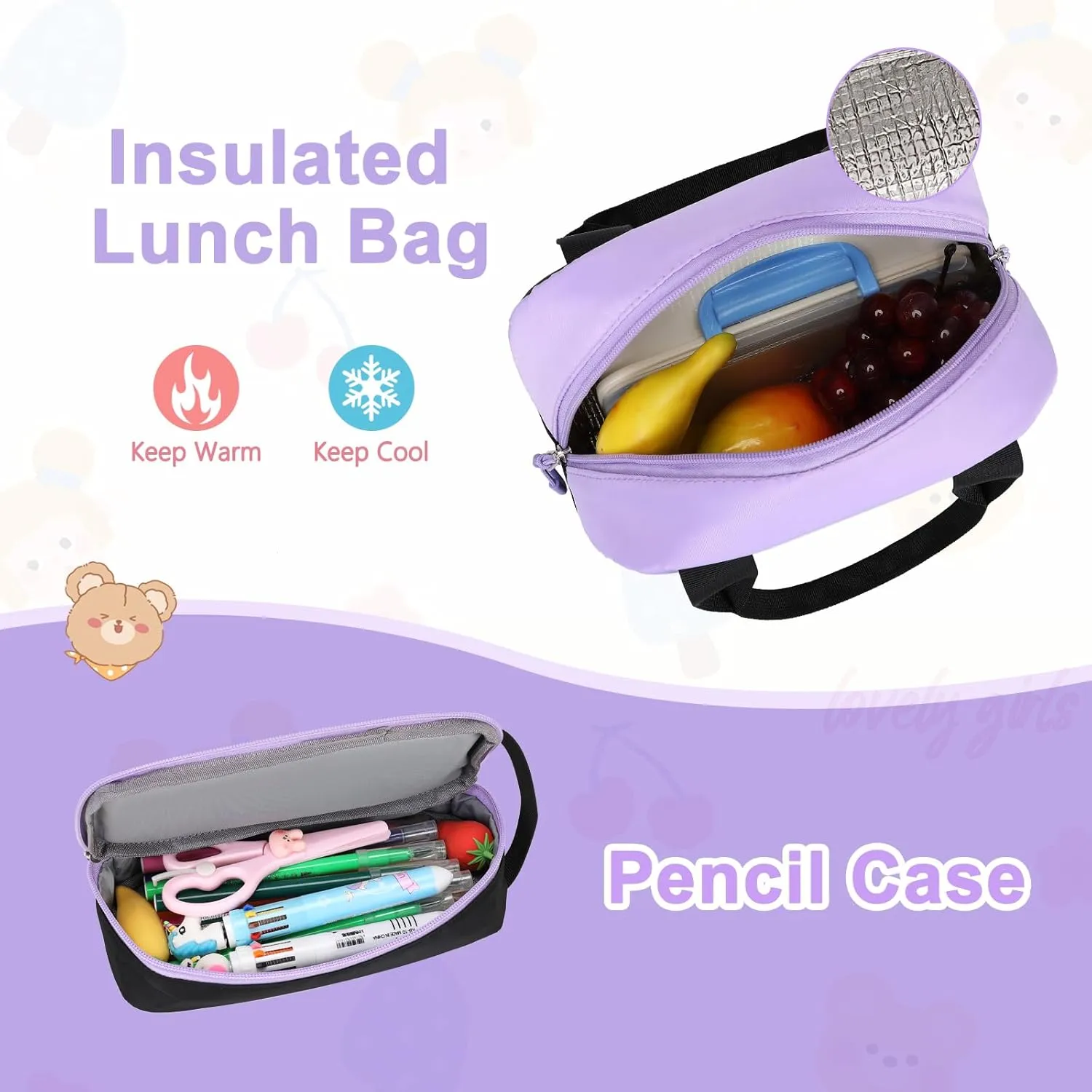 Bevalsa Backpack for Gilrs, School Bags for Kids with Lunch Bag & Pen Case, Bookbag for Girls Children Teens for Elementary Middle High school College Student with Cute Pins (Black Purple)