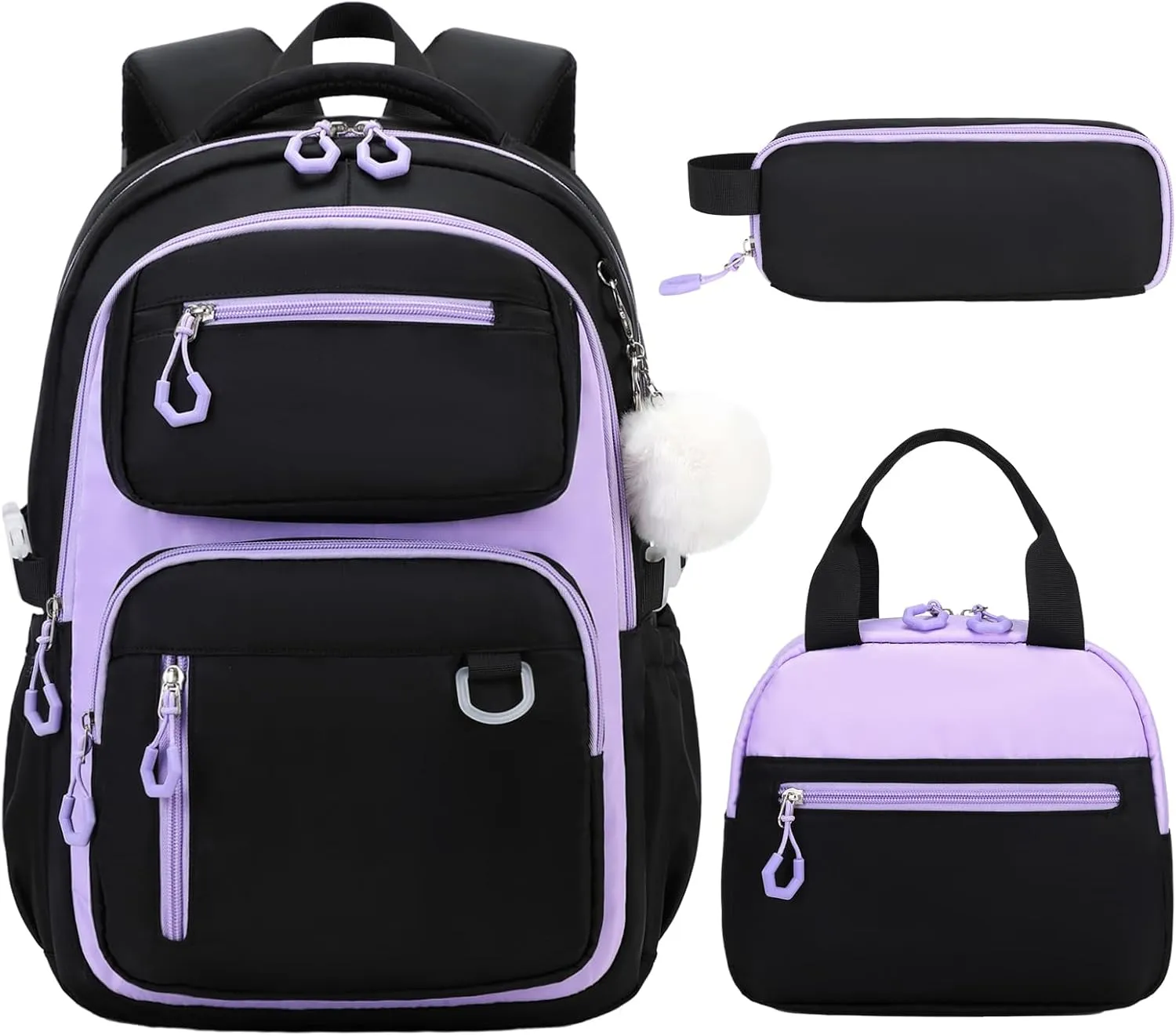 Bevalsa Backpack for Gilrs, School Bags for Kids with Lunch Bag & Pen Case, Bookbag for Girls Children Teens for Elementary Middle High school College Student with Cute Pins (Black Purple)