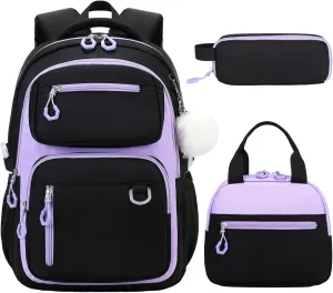 Bevalsa Backpack for Gilrs, School Bags for Kids with Lunch Bag & Pen Case, Bookbag for Girls Children Teens for Elementary Middle High school College Student with Cute Pins (Black Purple)