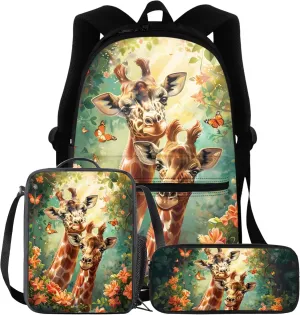 BIGCARJOB Animal Giraffe Backpack for School Kids Boys Large School Bags Set with Insulated Lunch Box Pencil Case Set of 3 Pcs Teens Girls Daypack Animal Print School Backpack Set
