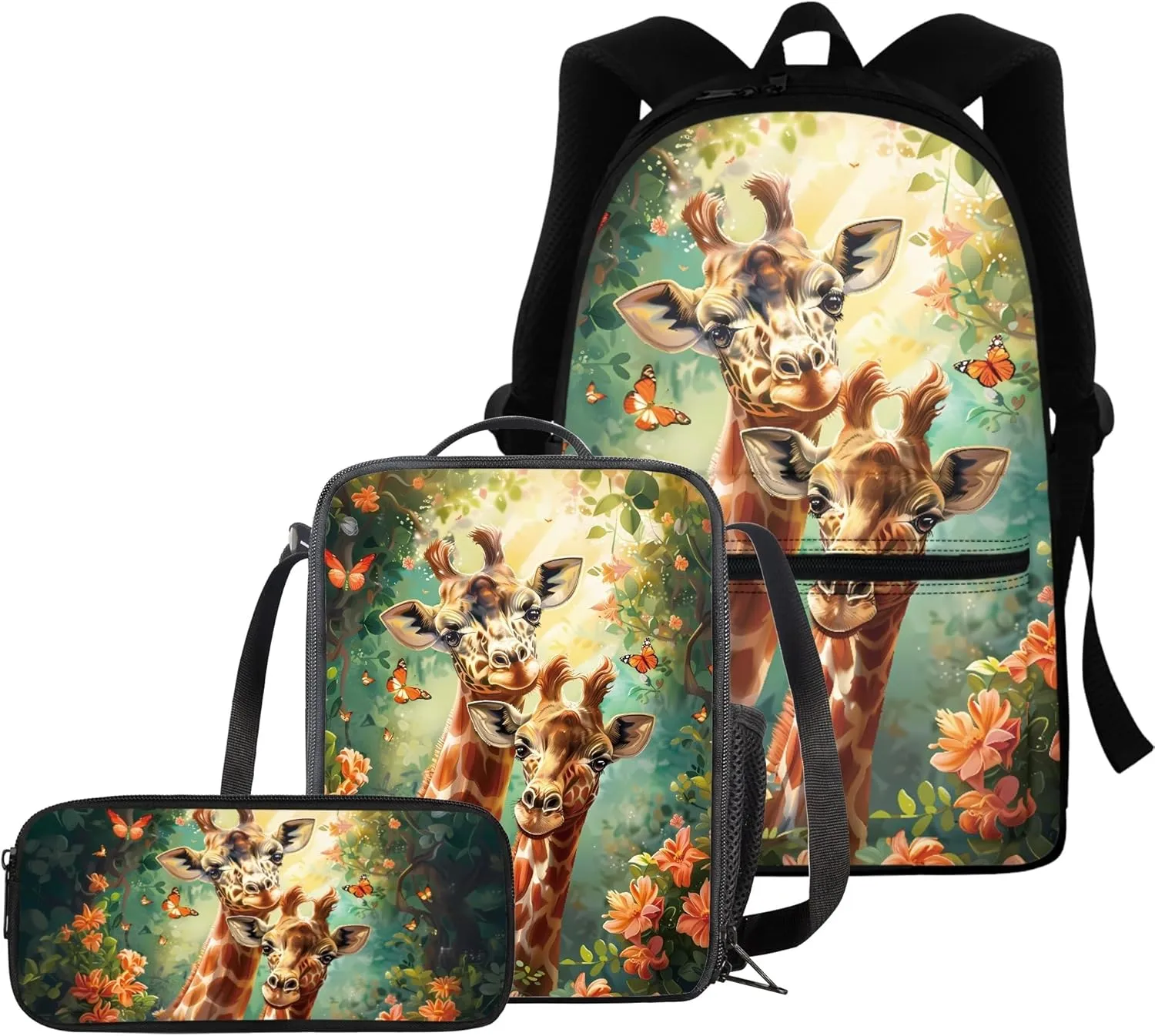 BIGCARJOB Animal Giraffe Backpack for School Kids Boys Large School Bags Set with Insulated Lunch Box Pencil Case Set of 3 Pcs Teens Girls Daypack Animal Print School Backpack Set