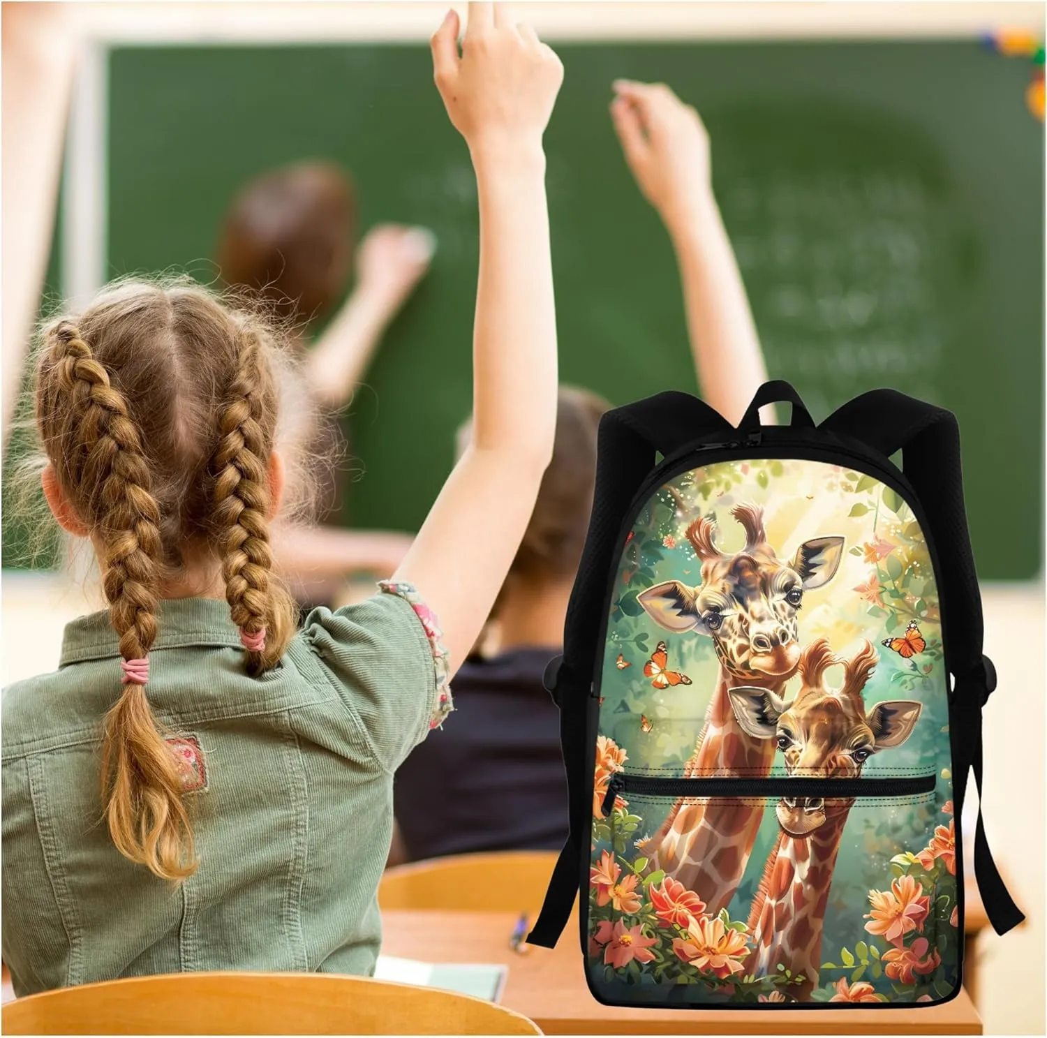 BIGCARJOB Animal Giraffe Backpack for School Kids Boys Large School Bags Set with Insulated Lunch Box Pencil Case Set of 3 Pcs Teens Girls Daypack Animal Print School Backpack Set