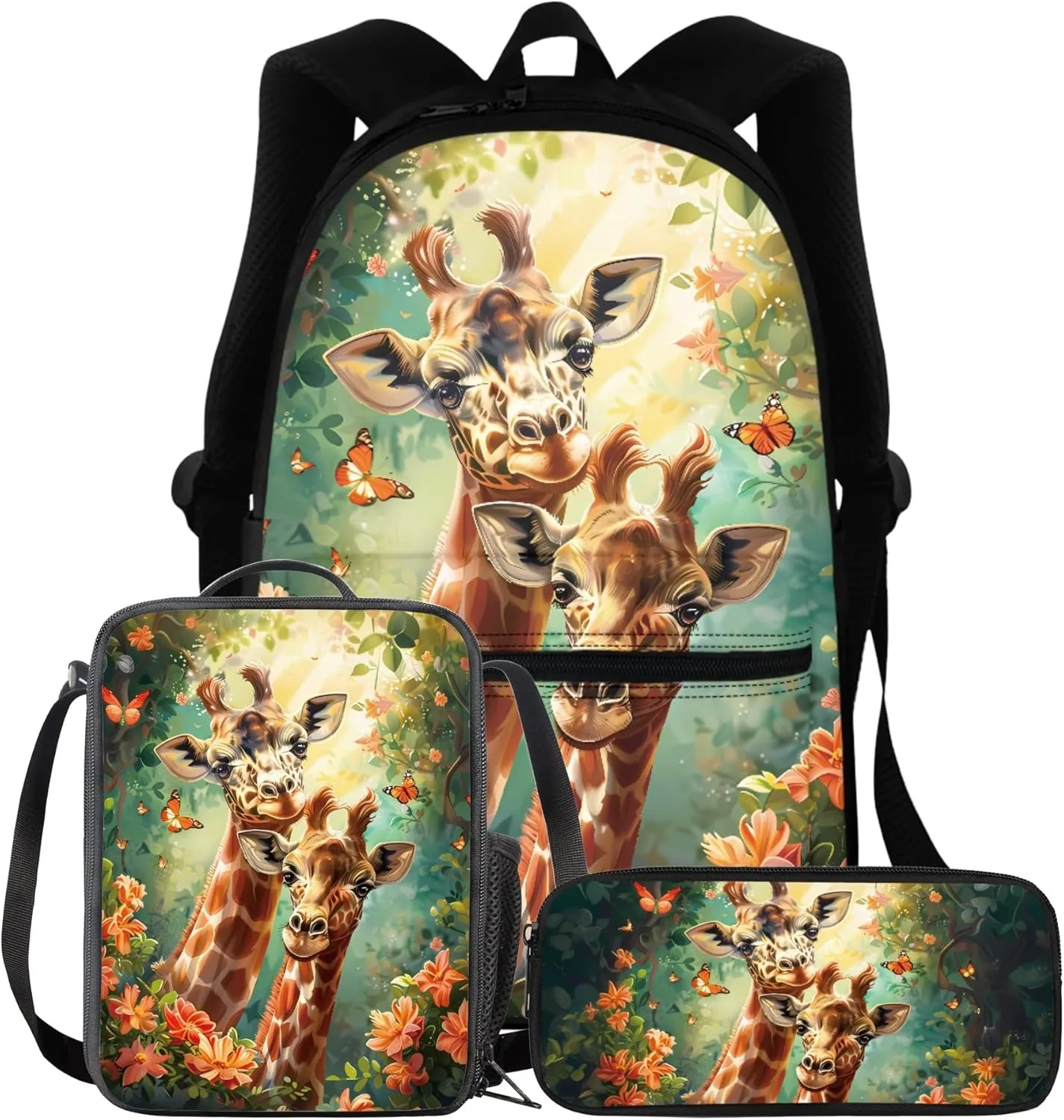 BIGCARJOB Animal Giraffe Backpack for School Kids Boys Large School Bags Set with Insulated Lunch Box Pencil Case Set of 3 Pcs Teens Girls Daypack Animal Print School Backpack Set
