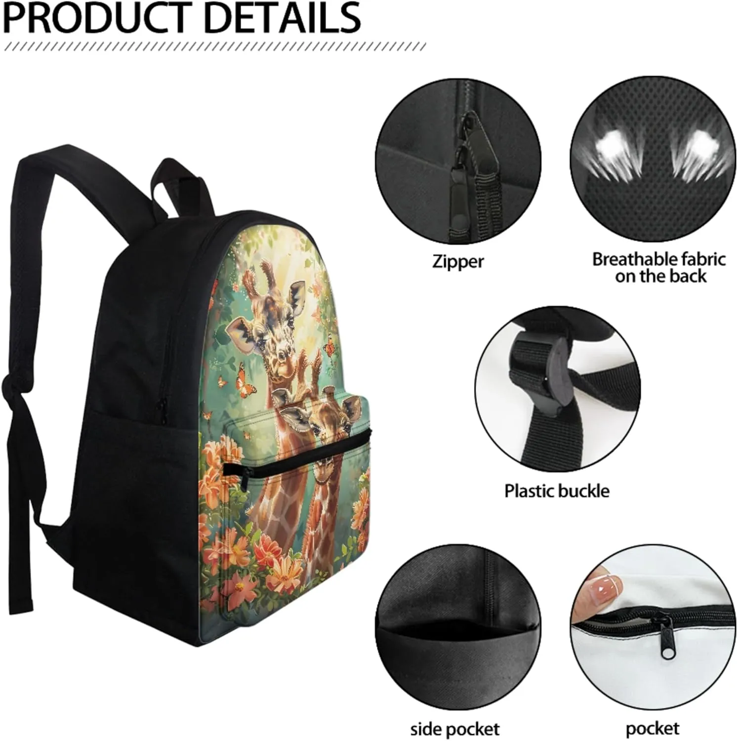 BIGCARJOB Animal Giraffe Backpack for School Kids Boys Large School Bags Set with Insulated Lunch Box Pencil Case Set of 3 Pcs Teens Girls Daypack Animal Print School Backpack Set