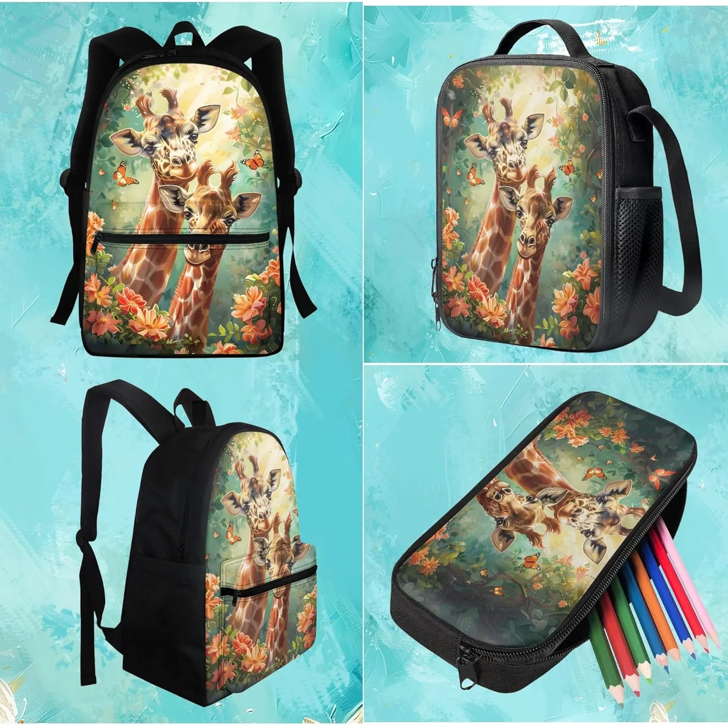 BIGCARJOB Animal Giraffe Backpack for School Kids Boys Large School Bags Set with Insulated Lunch Box Pencil Case Set of 3 Pcs Teens Girls Daypack Animal Print School Backpack Set