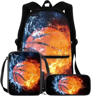 BIGCARJOB Kids Bookbags for School Bags Set 3 Pcs Basketball Backpack with Lunchbox Pencil Case for Boys 8-12 Year School Book Bags Large Travel Rucksack for Teens Adult