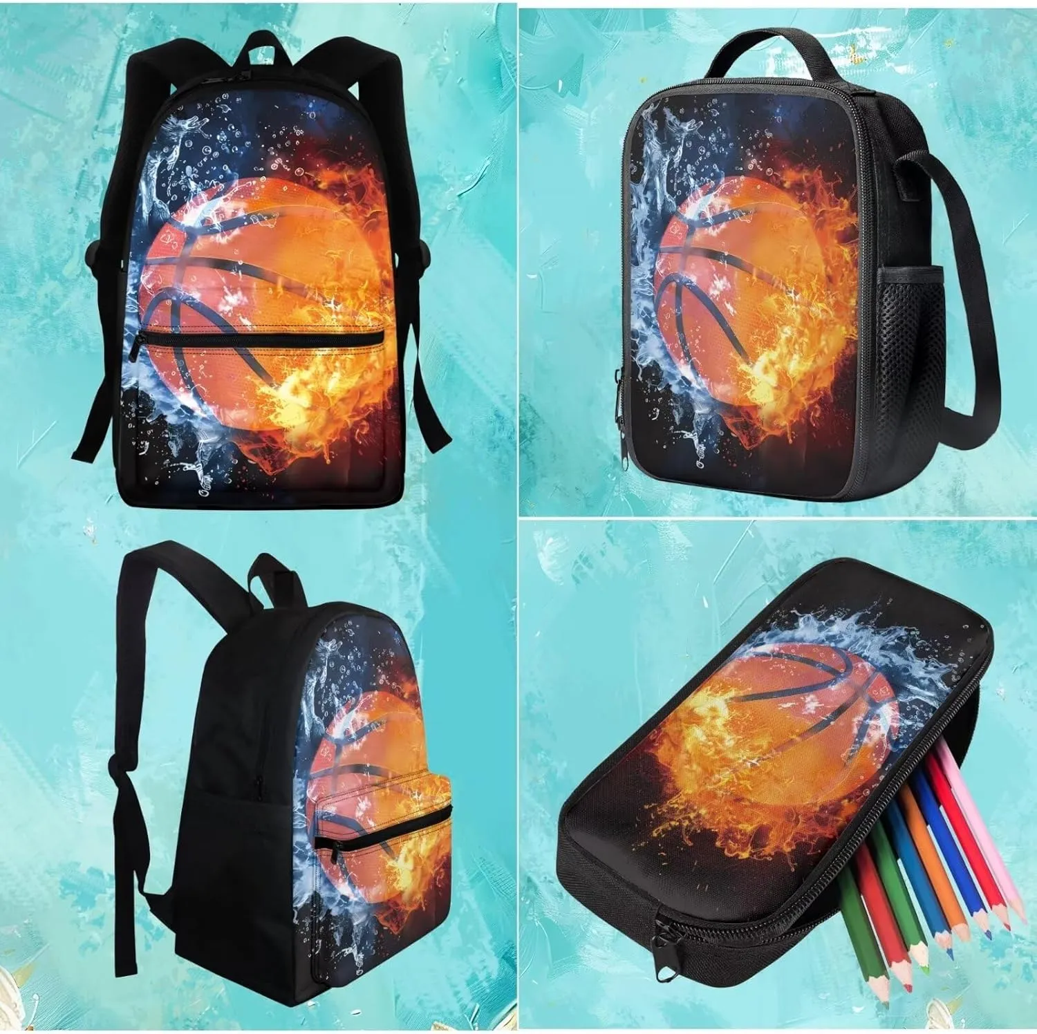 BIGCARJOB Kids Bookbags for School Bags Set 3 Pcs Basketball Backpack with Lunchbox Pencil Case for Boys 8-12 Year School Book Bags Large Travel Rucksack for Teens Adult