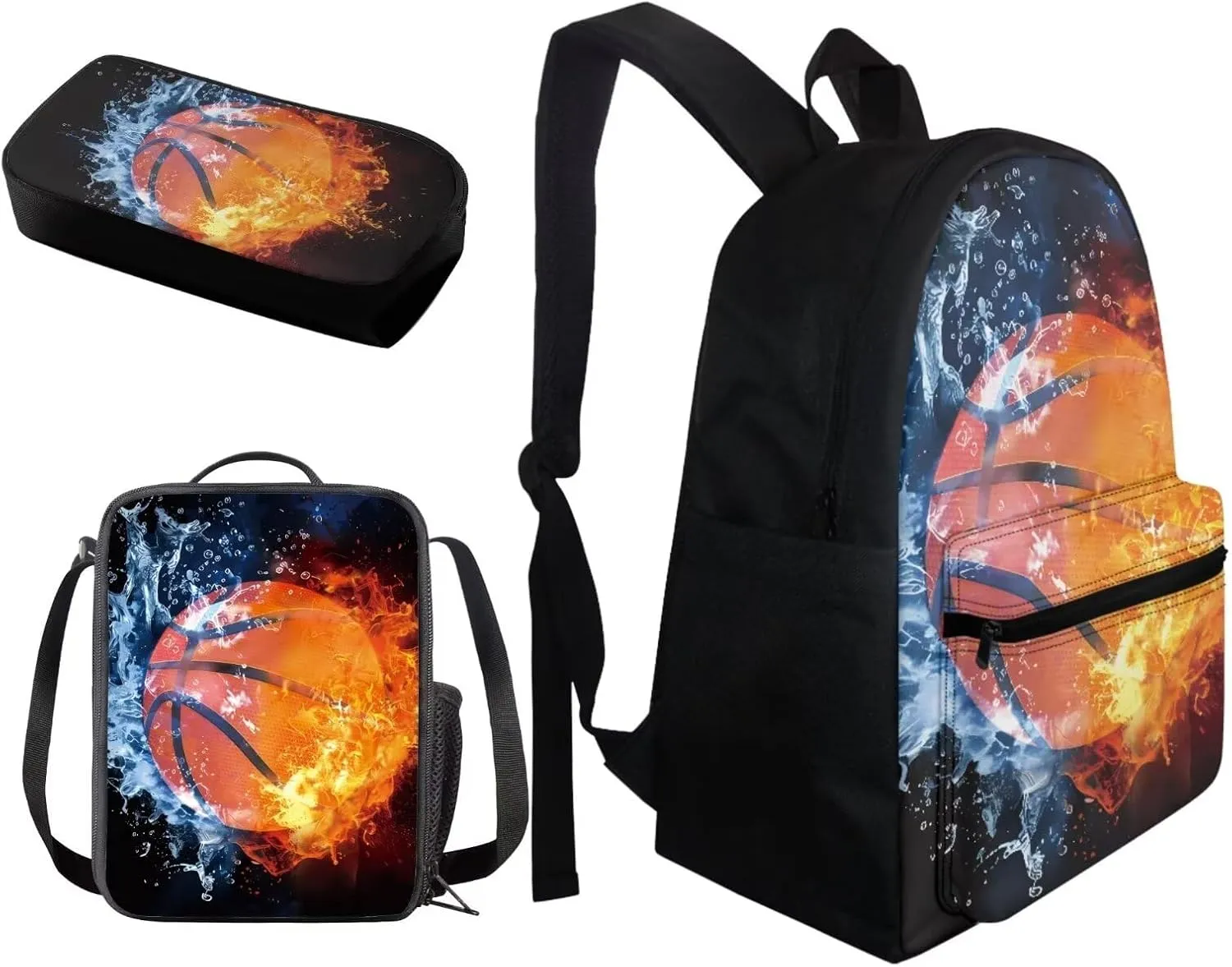 BIGCARJOB Kids Bookbags for School Bags Set 3 Pcs Basketball Backpack with Lunchbox Pencil Case for Boys 8-12 Year School Book Bags Large Travel Rucksack for Teens Adult