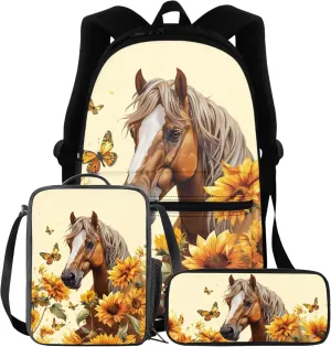 BIGCARJOB Kids School Backpack For Girls,Animal Cow Sunflower Bookbag for Kids Teens Middle School Animal Print Backpack for School Teens Kids Large Rucksack Schoolbags Set with Lunch Box Pen Bags