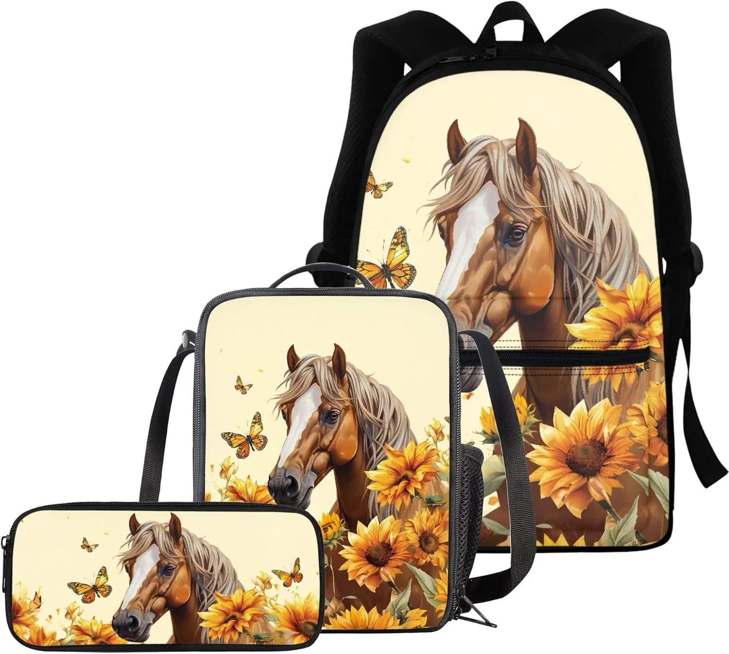 BIGCARJOB Kids School Backpack For Girls,Animal Cow Sunflower Bookbag for Kids Teens Middle School Animal Print Backpack for School Teens Kids Large Rucksack Schoolbags Set with Lunch Box Pen Bags