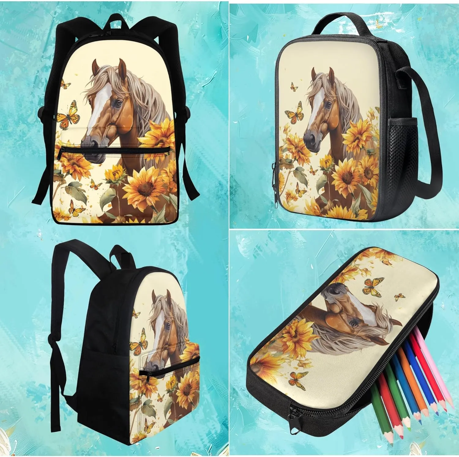 BIGCARJOB Kids School Backpack For Girls,Animal Cow Sunflower Bookbag for Kids Teens Middle School Animal Print Backpack for School Teens Kids Large Rucksack Schoolbags Set with Lunch Box Pen Bags