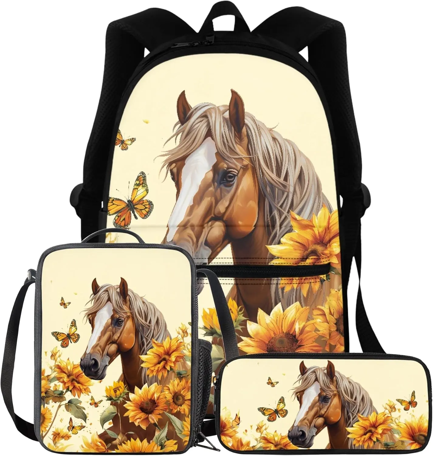 BIGCARJOB Kids School Backpack For Girls,Animal Cow Sunflower Bookbag for Kids Teens Middle School Animal Print Backpack for School Teens Kids Large Rucksack Schoolbags Set with Lunch Box Pen Bags