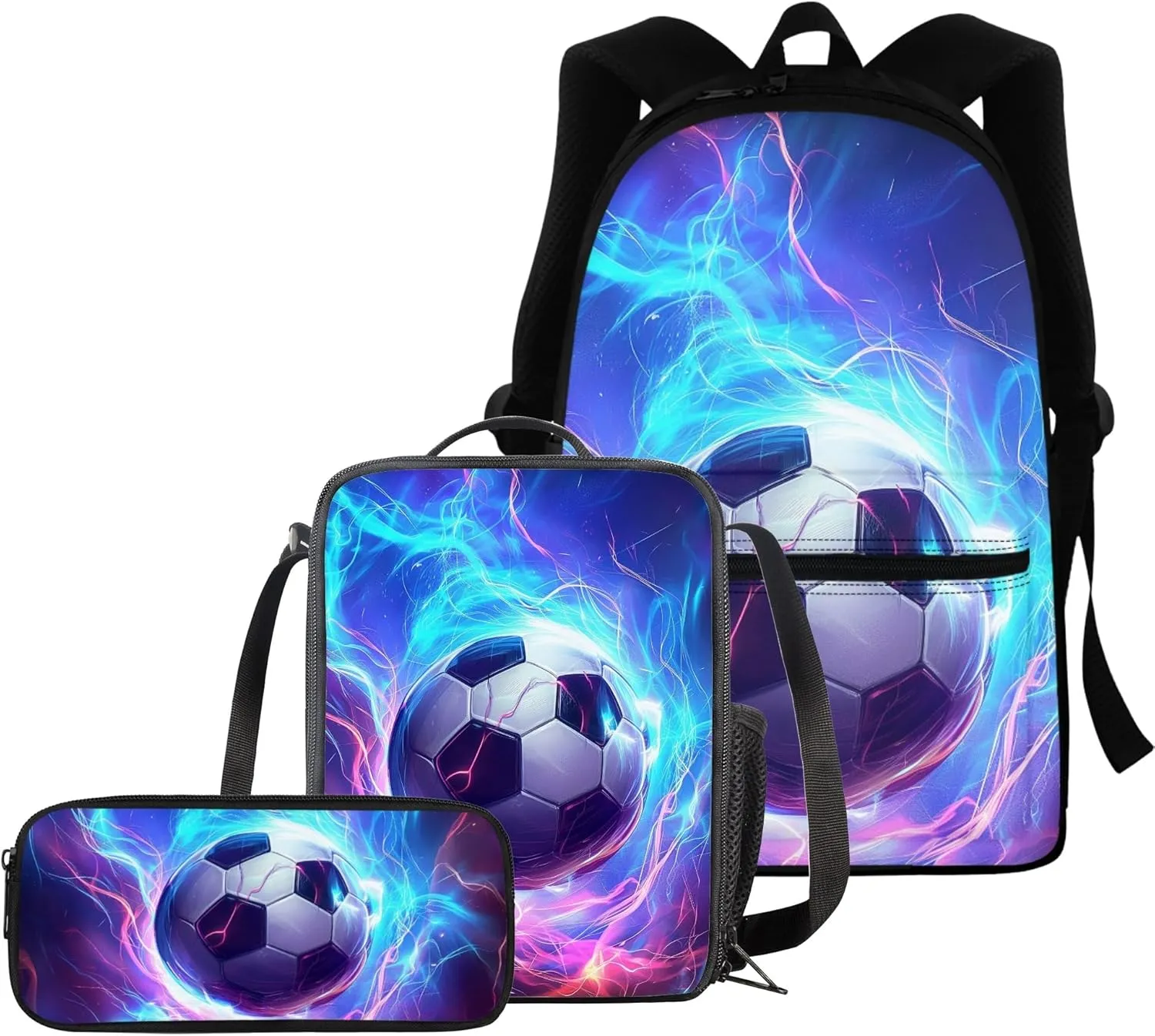 BIGCARJOB Kids Soccer Backpack Set with Lunch Box And Pencil Case for School Boys Teens 8-15 Years,3 Pack Art Football School Bags Set Toddle Preschool Large Bookbags Set Insulated Lunch Bags