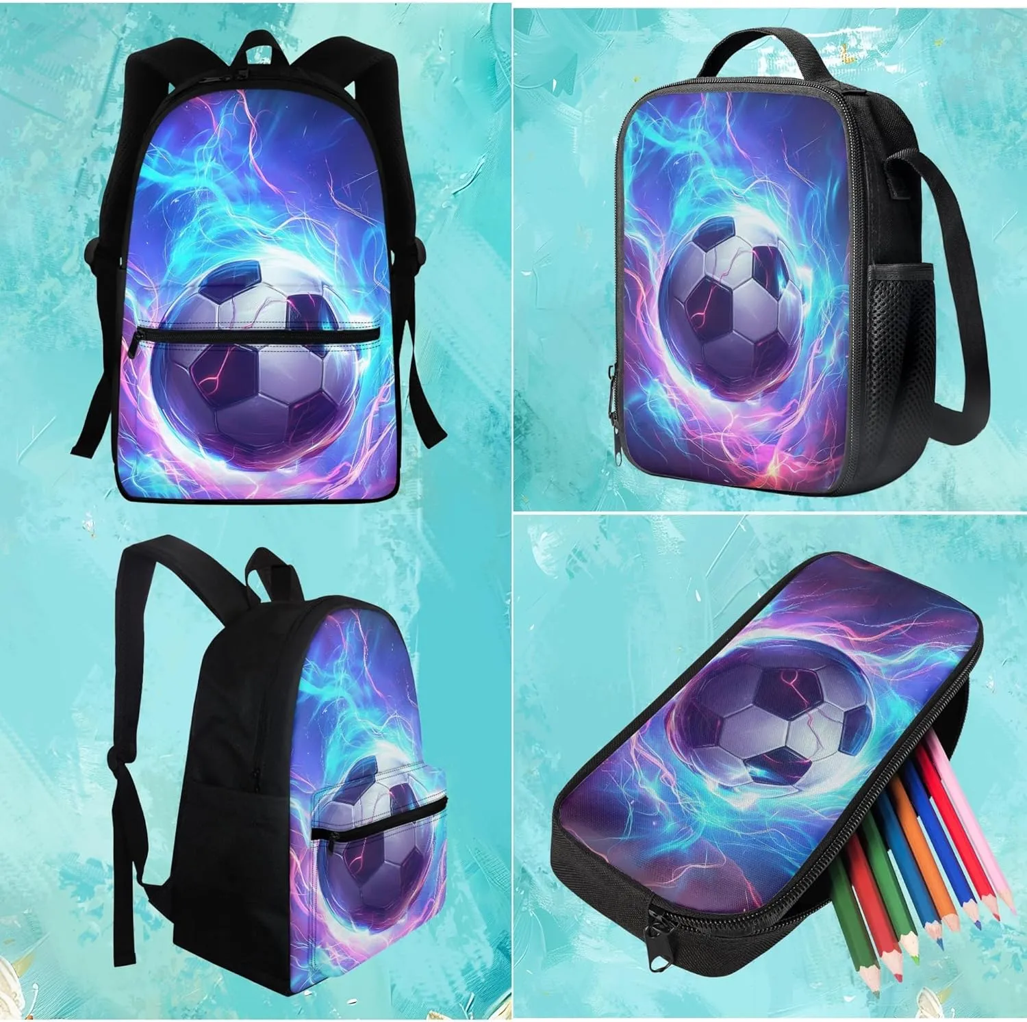 BIGCARJOB Kids Soccer Backpack Set with Lunch Box And Pencil Case for School Boys Teens 8-15 Years,3 Pack Art Football School Bags Set Toddle Preschool Large Bookbags Set Insulated Lunch Bags