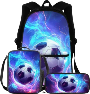 BIGCARJOB Kids Soccer Backpack Set with Lunch Box And Pencil Case for School Boys Teens 8-15 Years,3 Pack Art Football School Bags Set Toddle Preschool Large Bookbags Set Insulated Lunch Bags