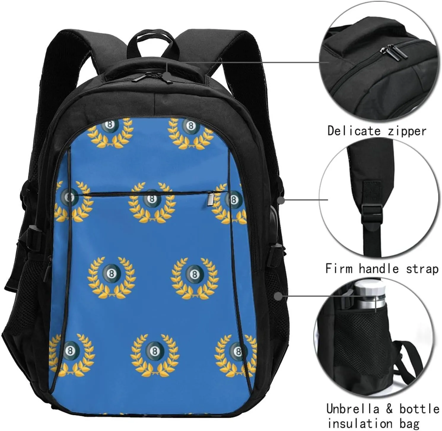 Billiards Sports Award Backpack, 18 Inch Travel Business Laptop Backpack With Usb Port For Women Men