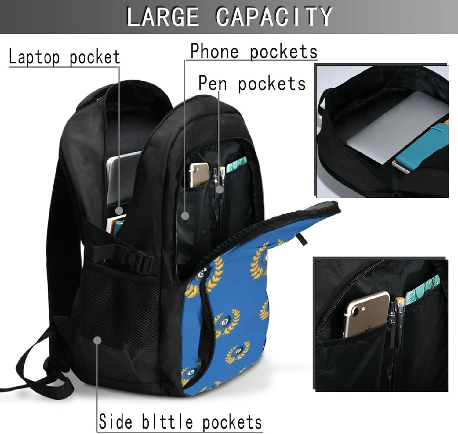 Billiards Sports Award Backpack, 18 Inch Travel Business Laptop Backpack With Usb Port For Women Men