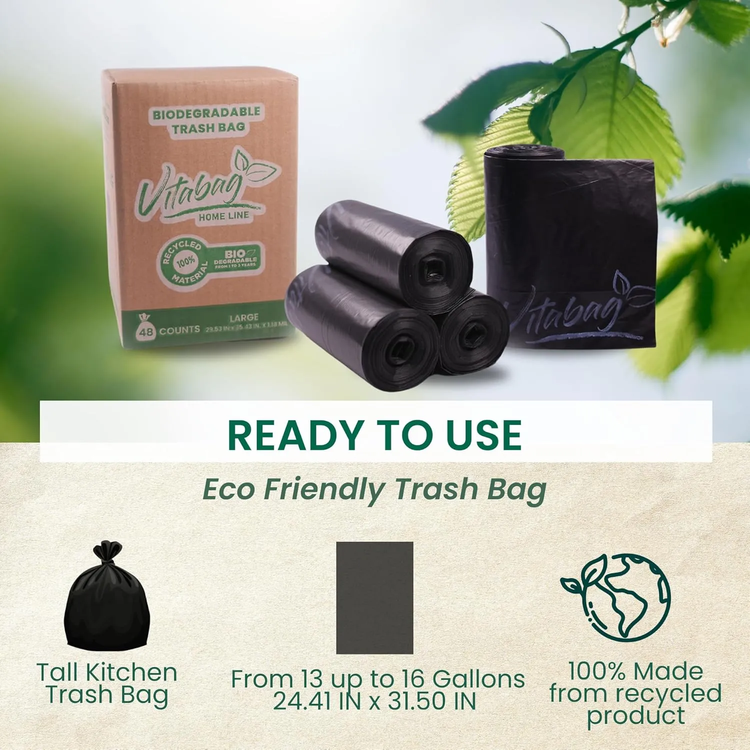 Biodegradable Home Line Trash Bag | Can Liner | 13 GALLONS Tall Kitchen Trash Bag | Eco Friendly | 100% Made from Recycled Product | Super Strong, No Spills | 90 Count.