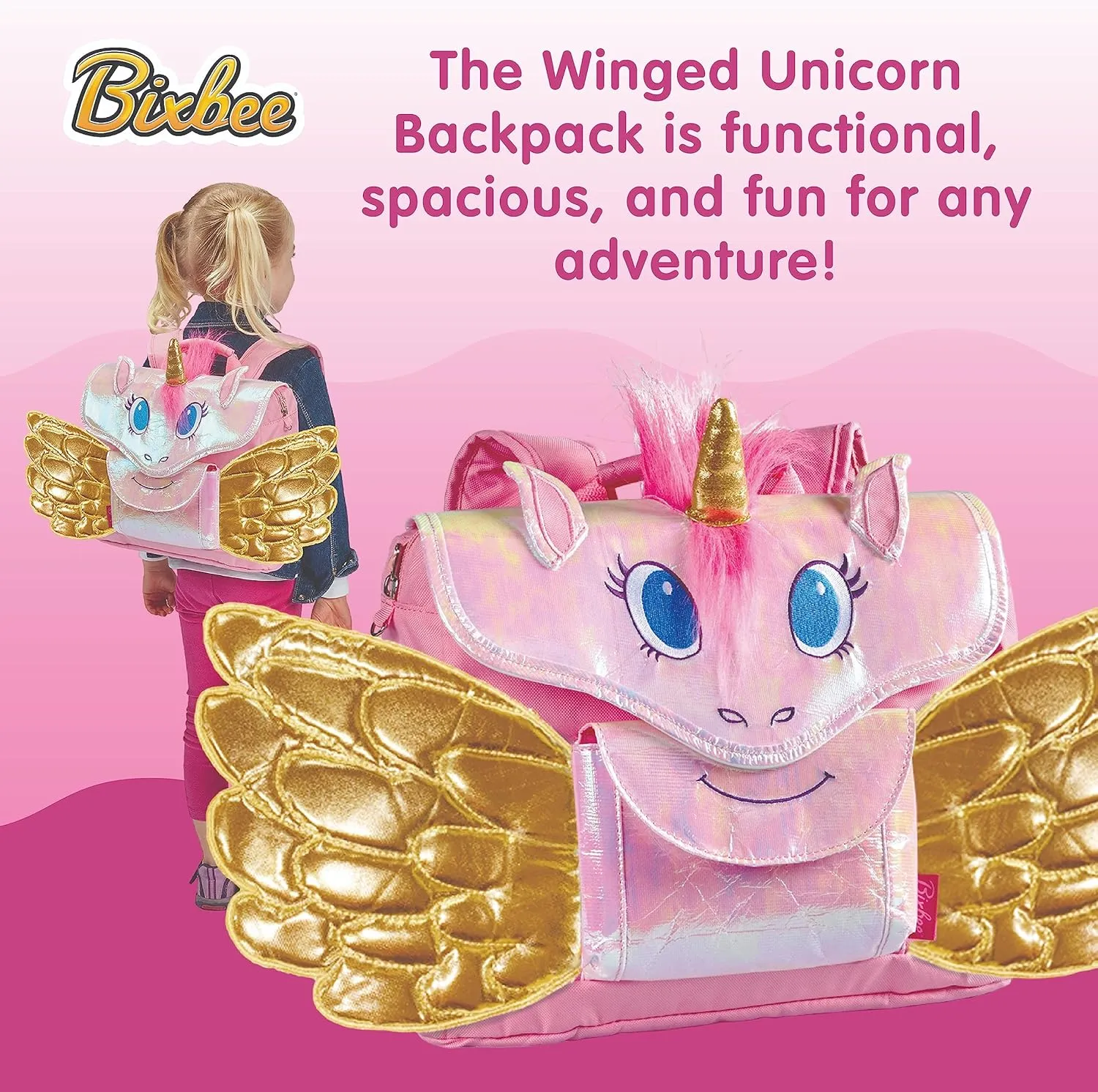 Bixbee Kids Backpack, Unicorn Back Pack for Girls & Boys Ages 3-5 with Golden Wings & Easy Carry Design | Small Water-Resistant Backpack for Toddlers, Preschool, Daycare & Travel
