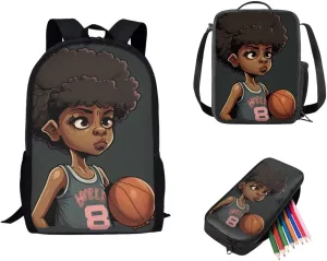 Black African Boy Backpack with Lunch Box Set for Kids Basketball School Bag for 2Nd/3Rd/4Th/5Th Grade African American Bookbag Elementary/Primary Back Pack Bookbags Pencil Case Lunchbag