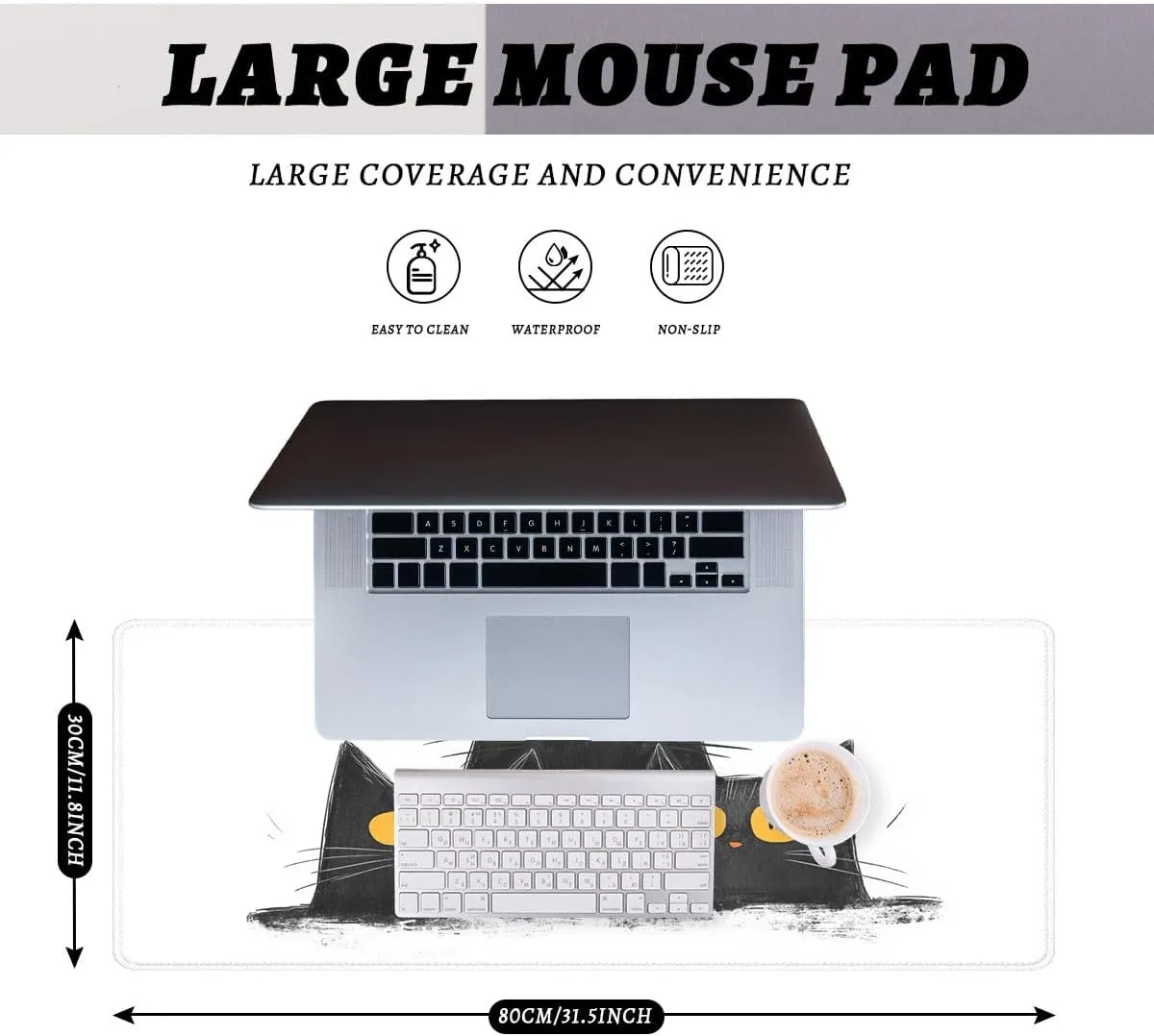 Black Cat Desk Pad Mouse Pad Cartoon Cat Warm Happy Fun Atmosphere Large Gaming Mouse Mat with Stitched Edges,Non-Slip Waterproof Rubber Base Mous Mat Office Computer Keyboard Laptop Home