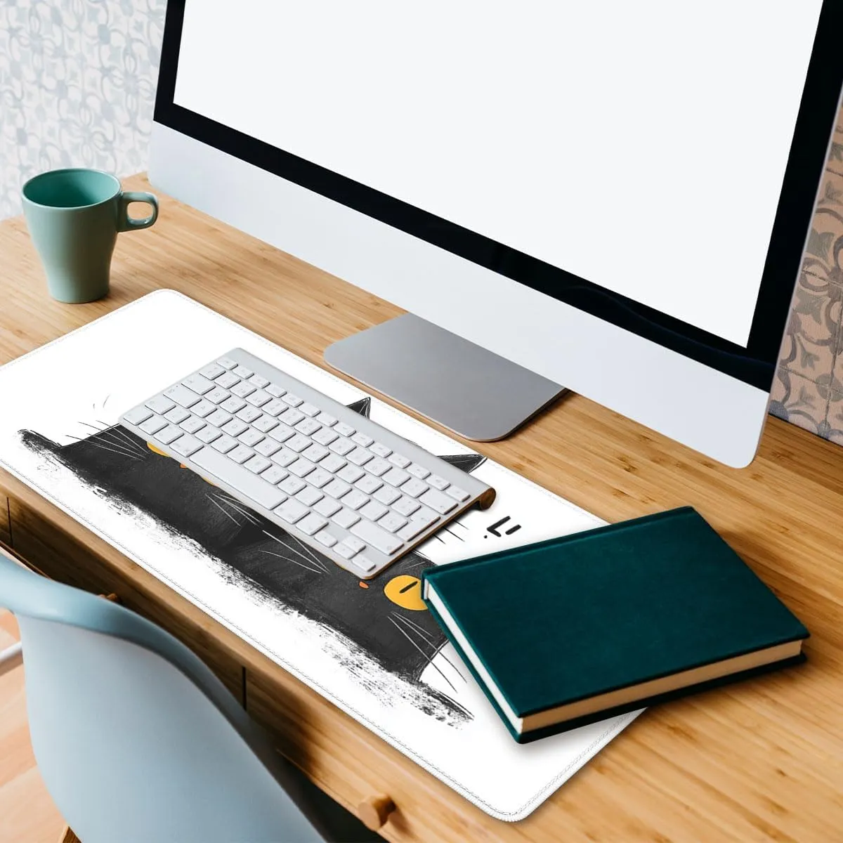 Black Cat Desk Pad Mouse Pad Cartoon Cat Warm Happy Fun Atmosphere Large Gaming Mouse Mat with Stitched Edges,Non-Slip Waterproof Rubber Base Mous Mat Office Computer Keyboard Laptop Home