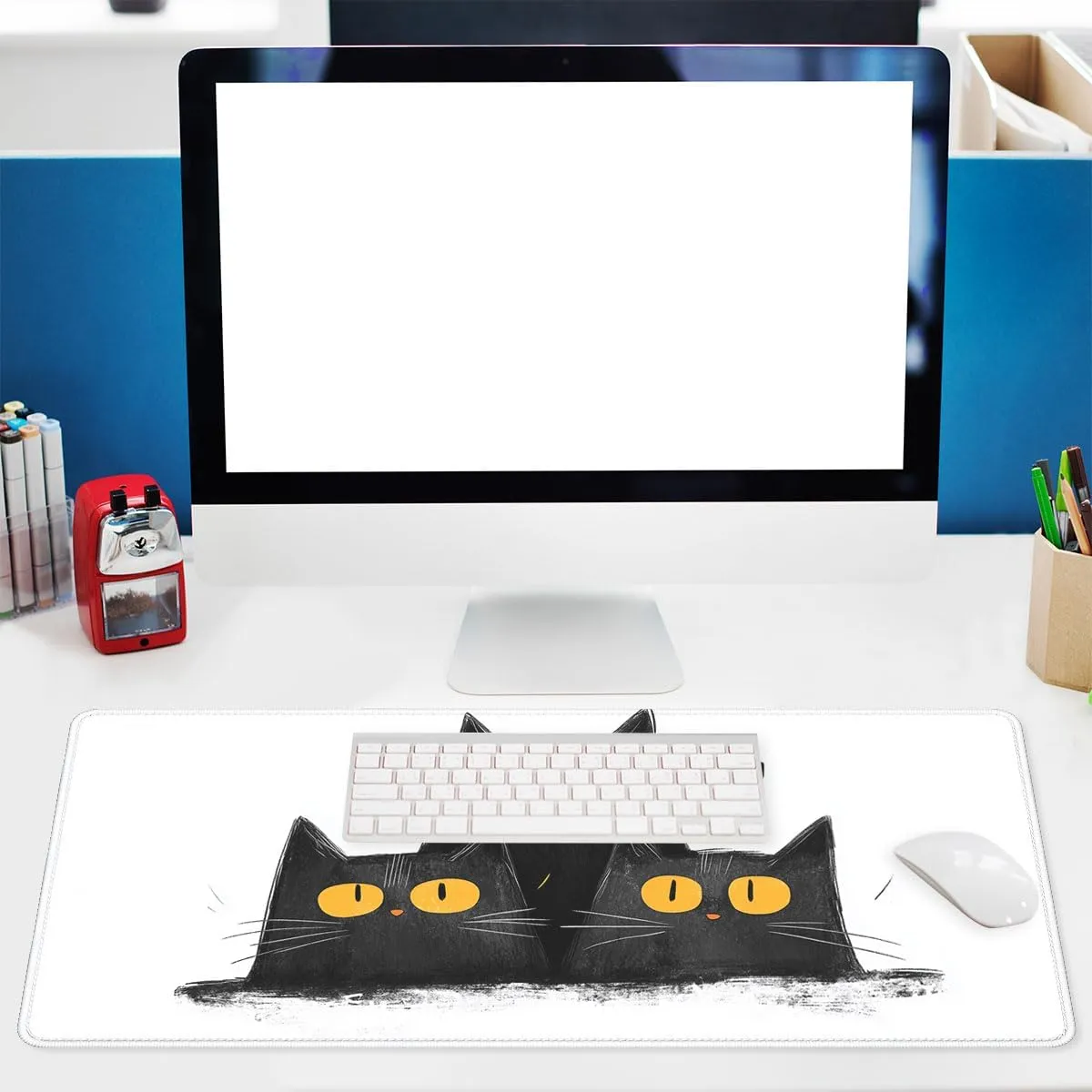 Black Cat Desk Pad Mouse Pad Cartoon Cat Warm Happy Fun Atmosphere Large Gaming Mouse Mat with Stitched Edges,Non-Slip Waterproof Rubber Base Mous Mat Office Computer Keyboard Laptop Home
