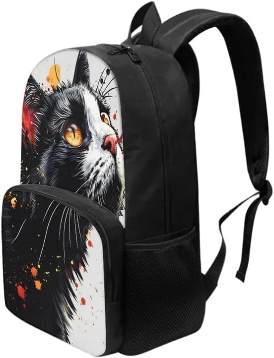 Black Cat School Bag for Kids, Cute Kitten 17" Primary Backpack Umbrella Holder Pupils Satchel for Young Kids, Kawaii Cat Teens Adjustable Shoulder Straps Book Bags