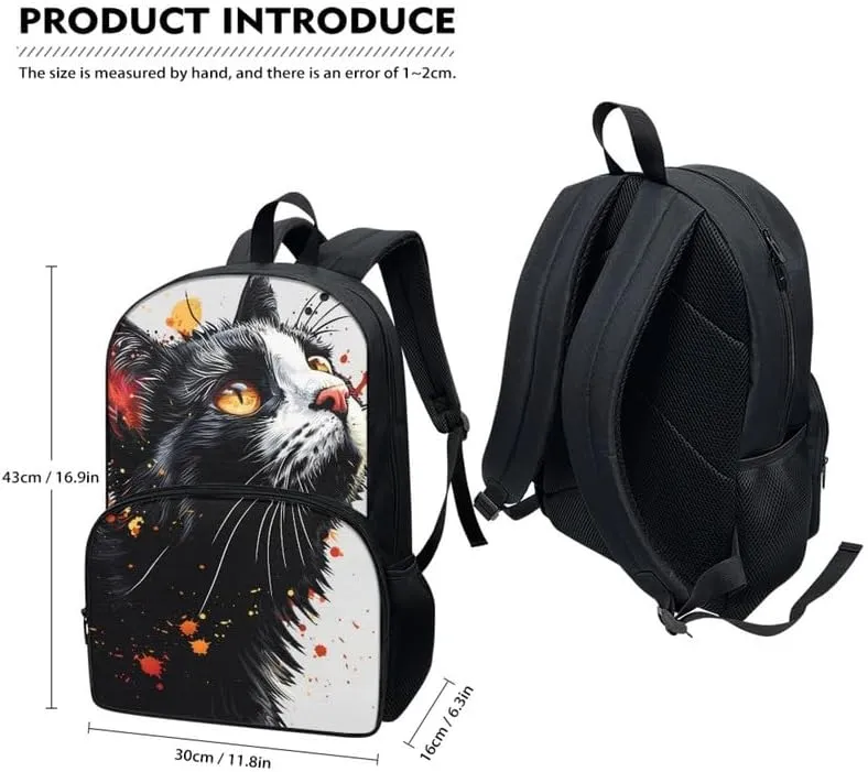 Black Cat School Bag for Kids, Cute Kitten 17" Primary Backpack Umbrella Holder Pupils Satchel for Young Kids, Kawaii Cat Teens Adjustable Shoulder Straps Book Bags
