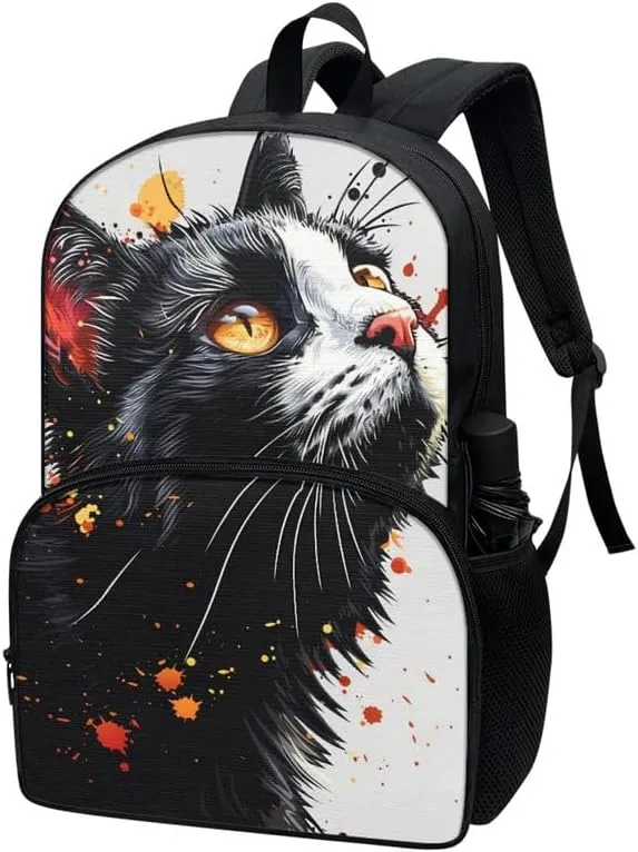 Black Cat School Bag for Kids, Cute Kitten 17" Primary Backpack Umbrella Holder Pupils Satchel for Young Kids, Kawaii Cat Teens Adjustable Shoulder Straps Book Bags