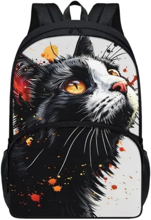 Black Cat School Bag for Kids, Cute Kitten 17" Primary Backpack Umbrella Holder Pupils Satchel for Young Kids, Kawaii Cat Teens Adjustable Shoulder Straps Book Bags