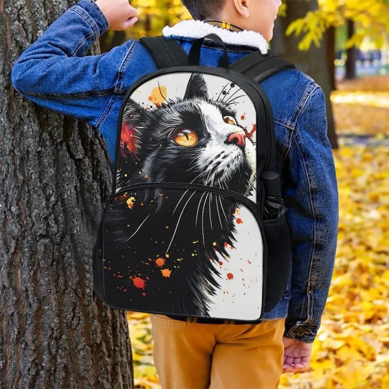 Black Cat School Bag for Kids, Cute Kitten 17" Primary Backpack Umbrella Holder Pupils Satchel for Young Kids, Kawaii Cat Teens Adjustable Shoulder Straps Book Bags