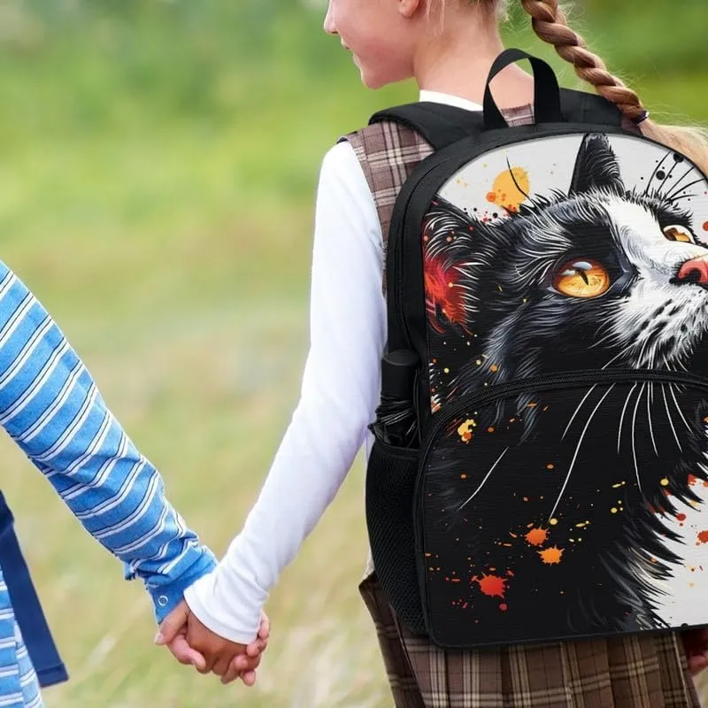 Black Cat School Bag for Kids, Cute Kitten 17" Primary Backpack Umbrella Holder Pupils Satchel for Young Kids, Kawaii Cat Teens Adjustable Shoulder Straps Book Bags