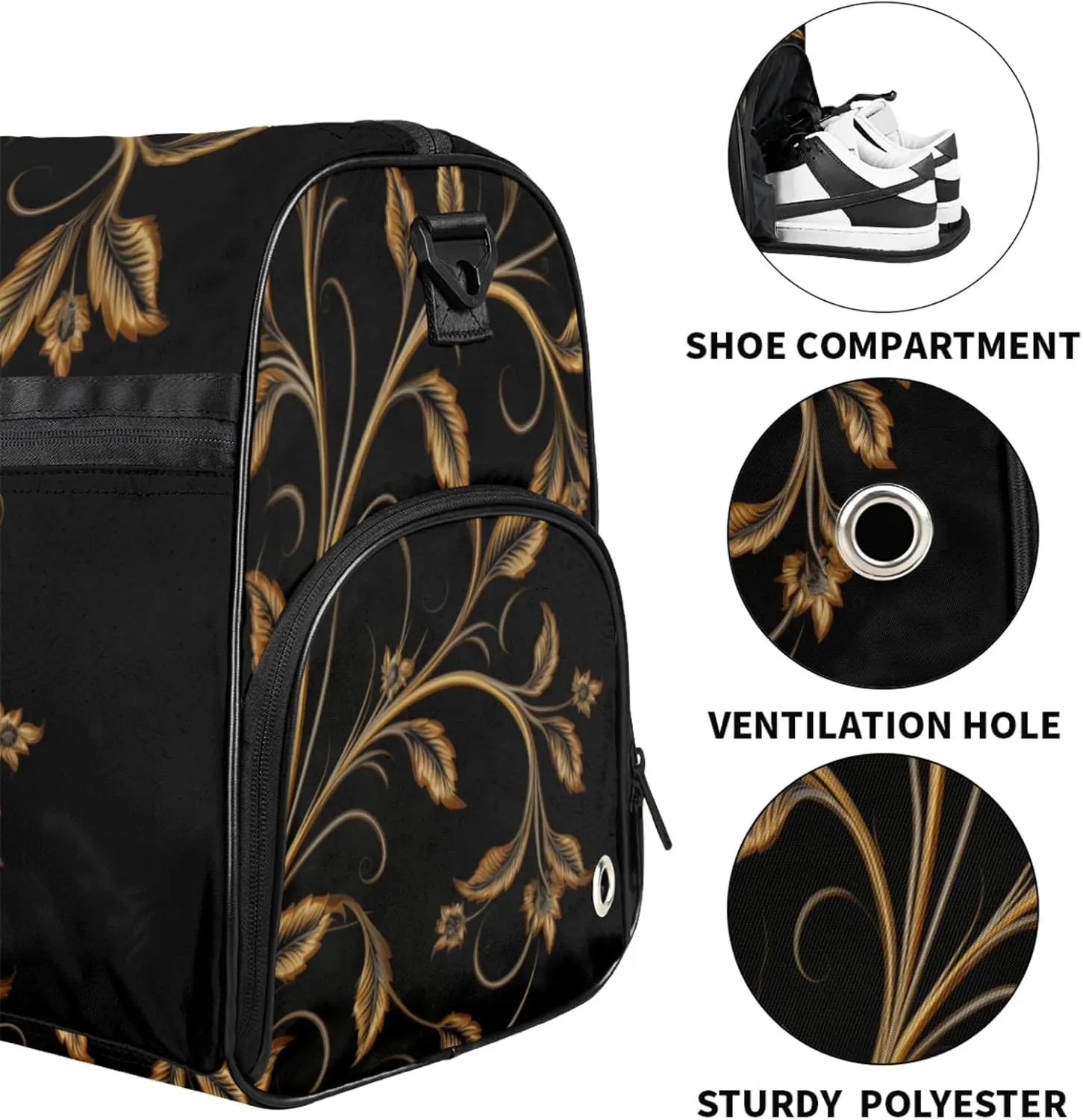 Black Gym Duffle Bag for Men, Golden Leaf Waterproof Sports duffle bag for travel Weekender Bags for Women Overnight Bag with Shoes Compartment