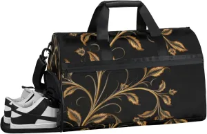 Black Gym Duffle Bag for Men, Golden Leaf Waterproof Sports duffle bag for travel Weekender Bags for Women Overnight Bag with Shoes Compartment