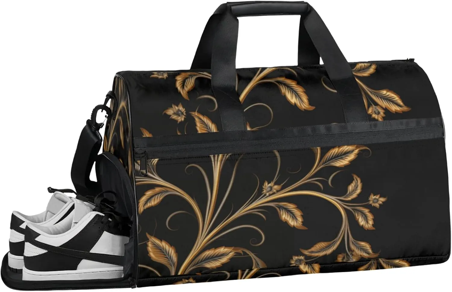 Black Gym Duffle Bag for Men, Golden Leaf Waterproof Sports duffle bag for travel Weekender Bags for Women Overnight Bag with Shoes Compartment