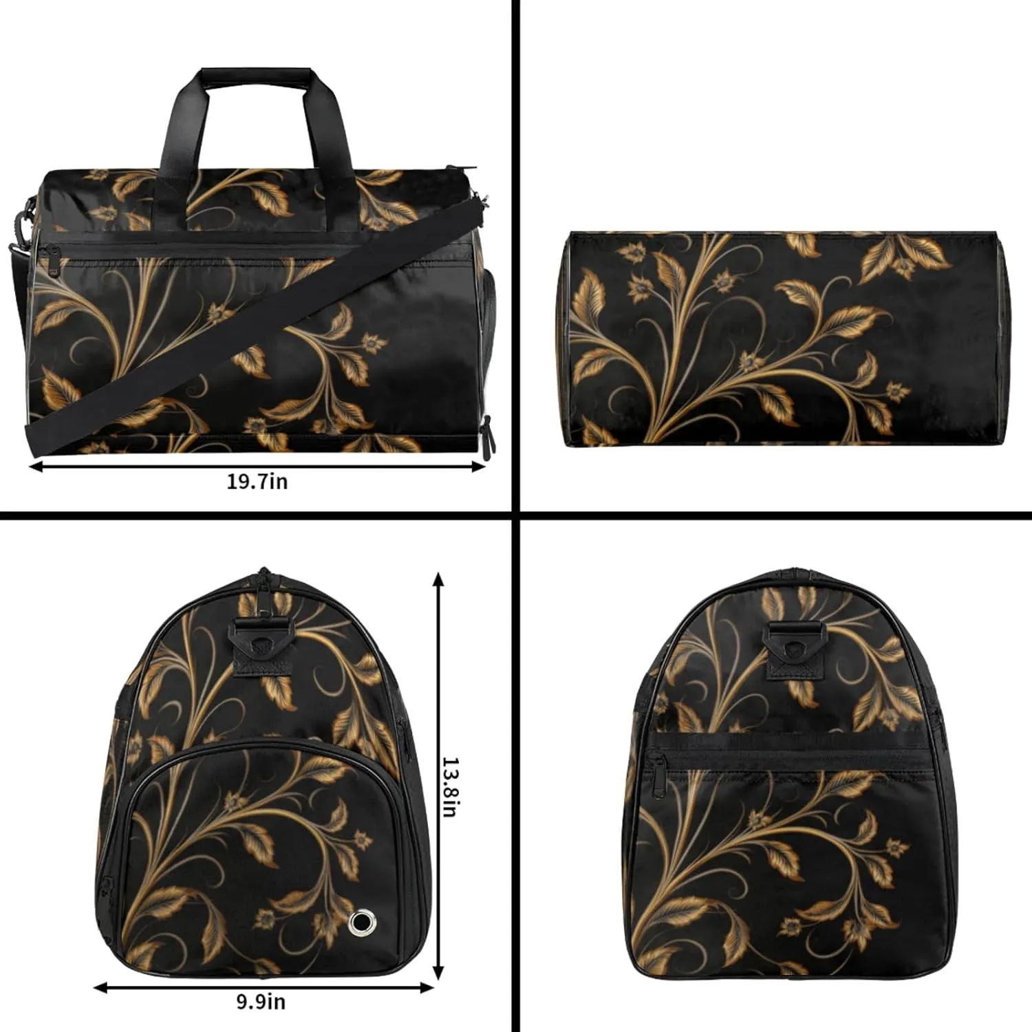 Black Gym Duffle Bag for Men, Golden Leaf Waterproof Sports duffle bag for travel Weekender Bags for Women Overnight Bag with Shoes Compartment