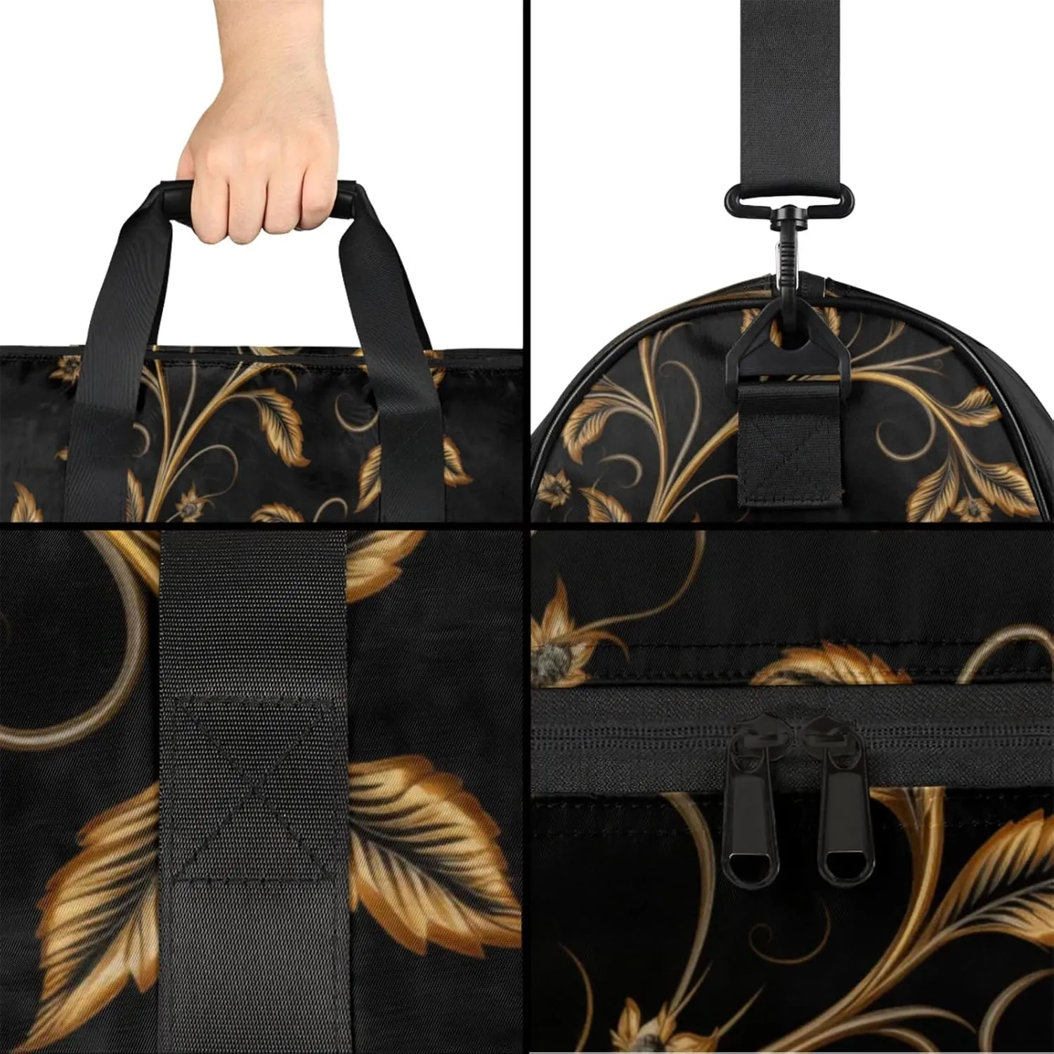 Black Gym Duffle Bag for Men, Golden Leaf Waterproof Sports duffle bag for travel Weekender Bags for Women Overnight Bag with Shoes Compartment