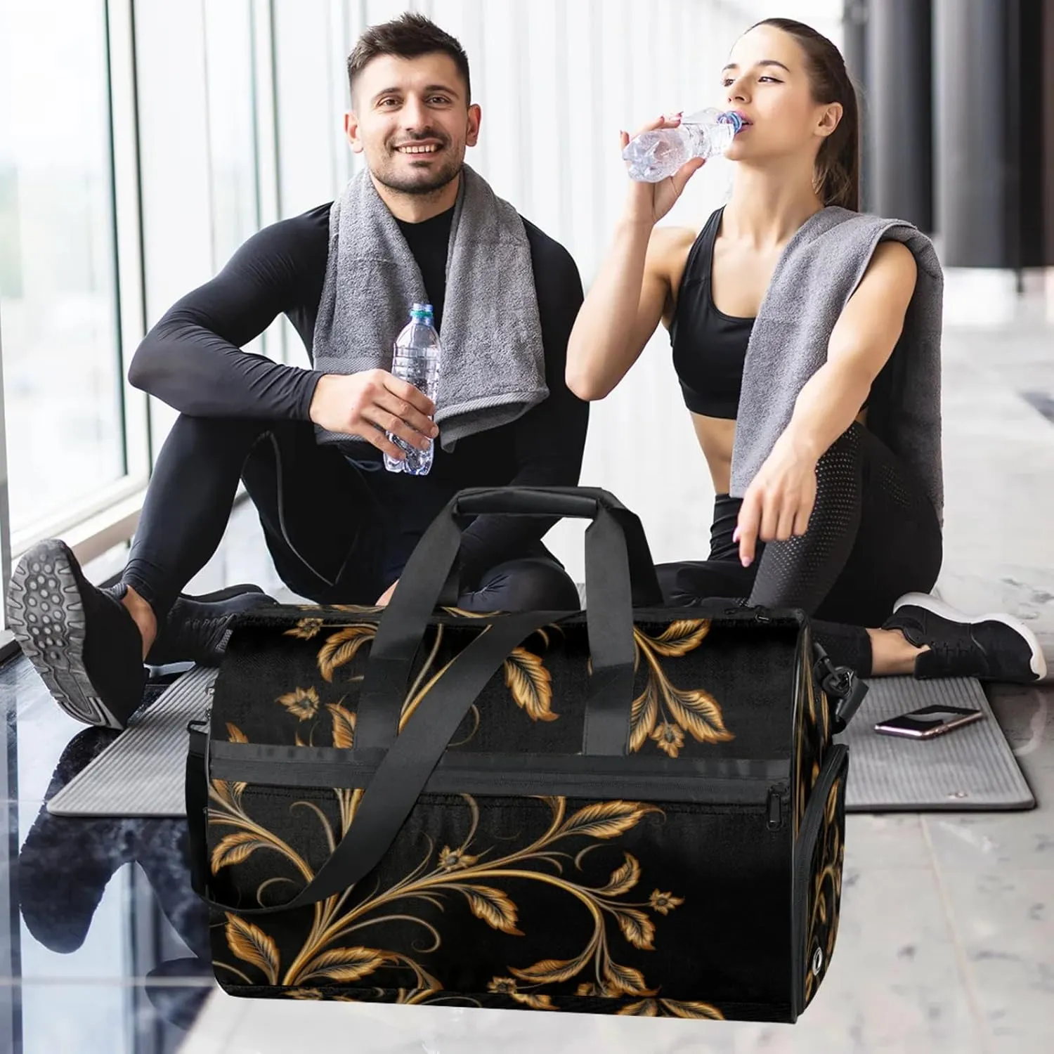 Black Gym Duffle Bag for Men, Golden Leaf Waterproof Sports duffle bag for travel Weekender Bags for Women Overnight Bag with Shoes Compartment