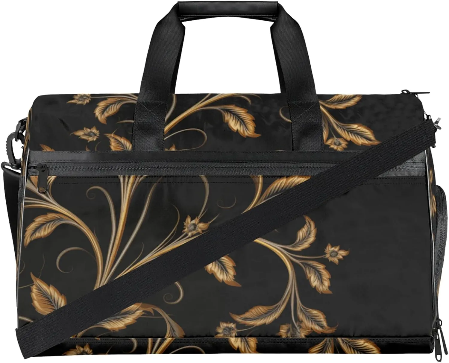 Black Gym Duffle Bag for Men, Golden Leaf Waterproof Sports duffle bag for travel Weekender Bags for Women Overnight Bag with Shoes Compartment